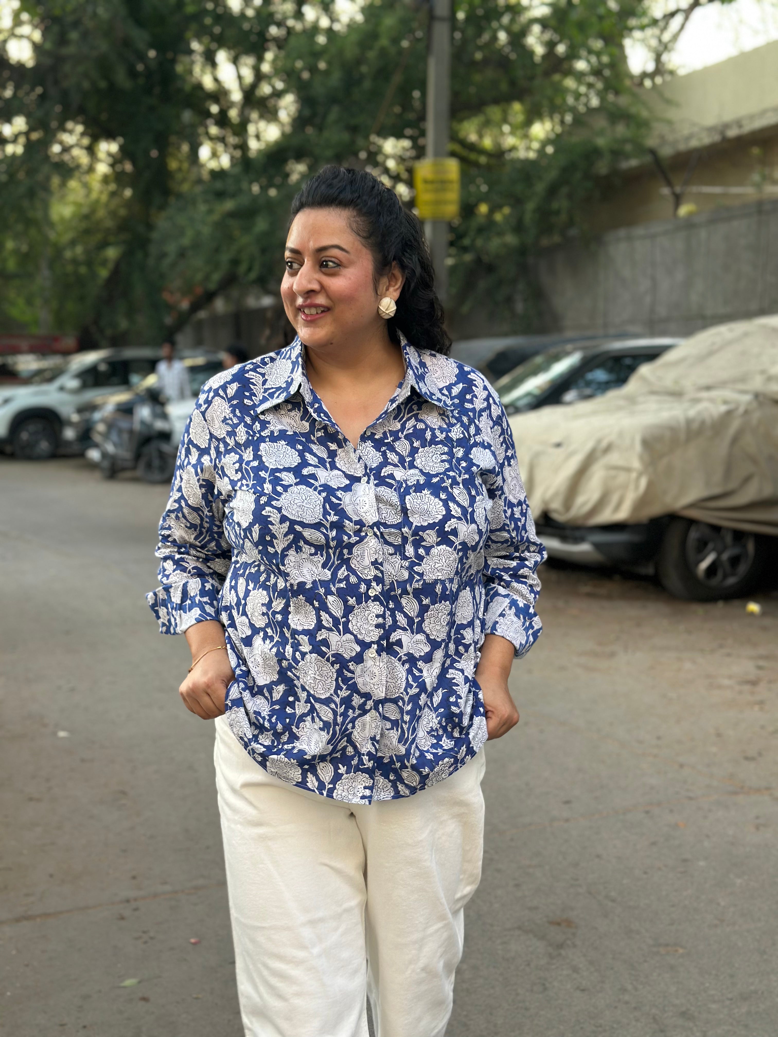 Rangrez Blue Shirt- Blue Sanganeri Handblock Printed Cotton Shirt For Women