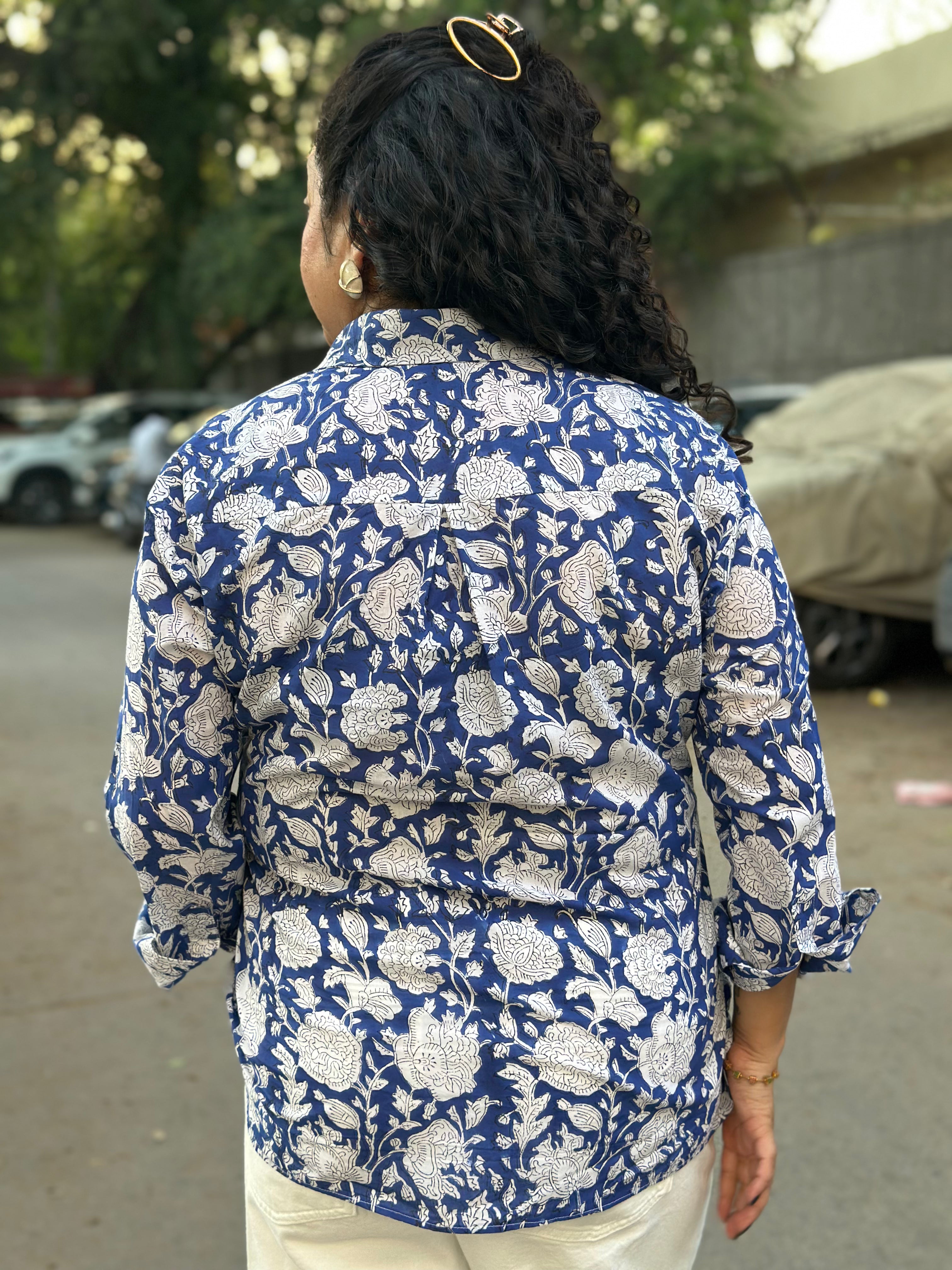 Rangrez Blue Shirt- Blue Sanganeri Handblock Printed Cotton Shirt For Women