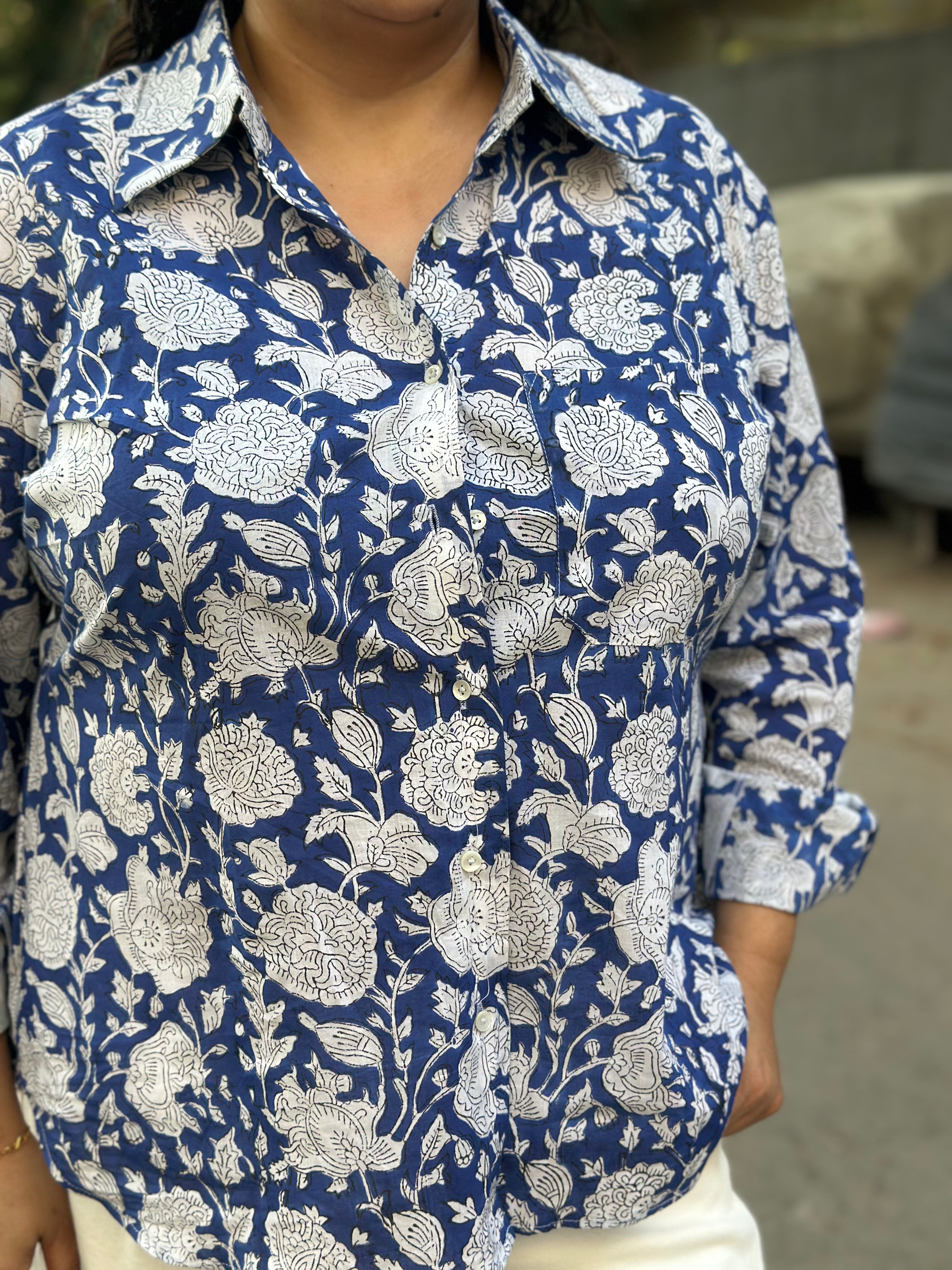 Rangrez Blue Shirt- Blue Sanganeri Handblock Printed Cotton Shirt For Women