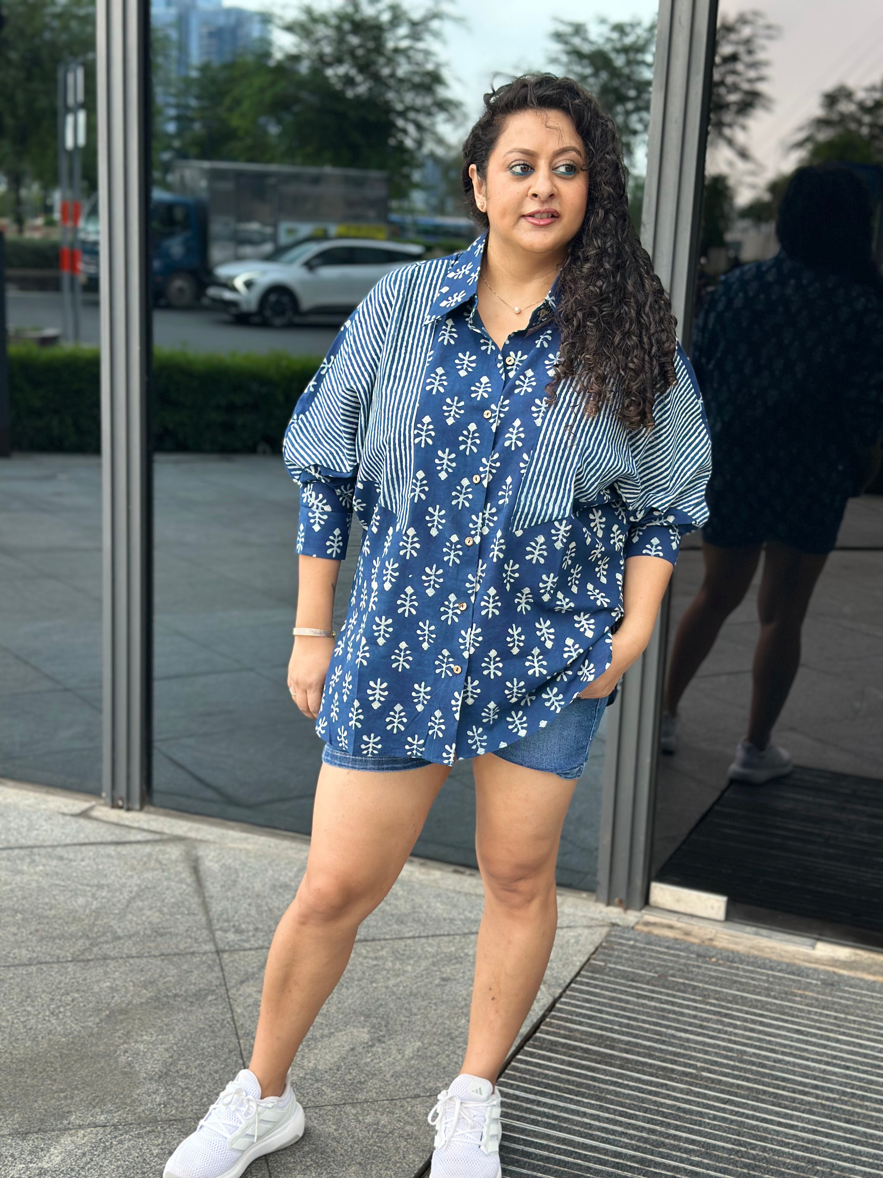 Indigo Escape: Indigo Dabu Handblock Print Oversized Cotton Shirt”