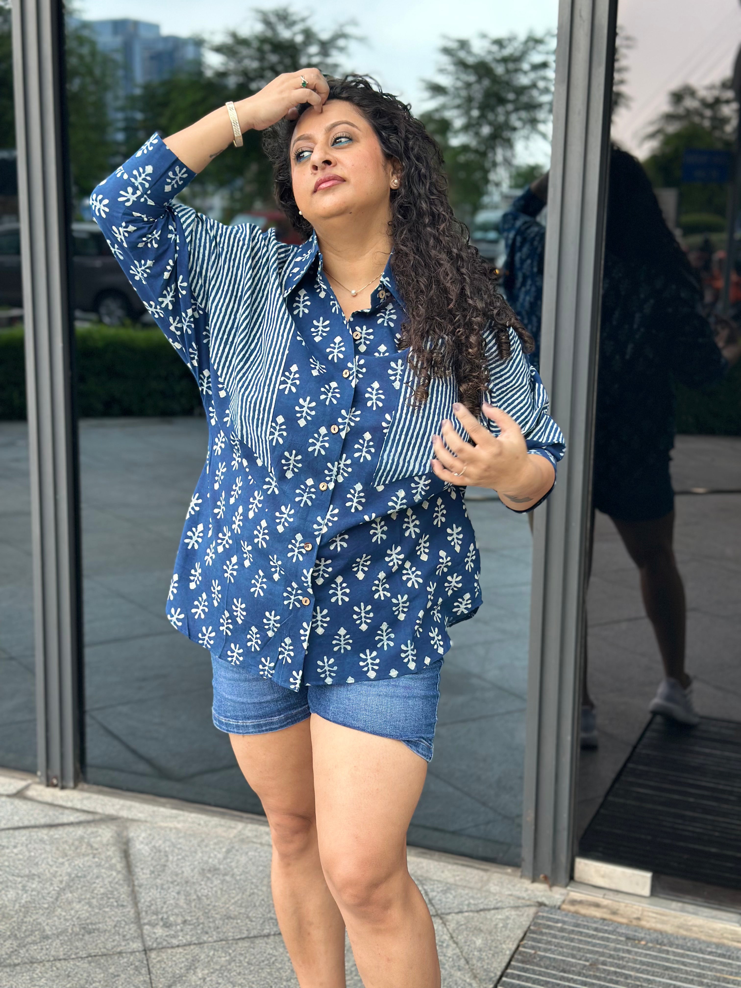 Indigo Escape: Indigo Dabu Handblock Print Oversized Cotton Shirt”