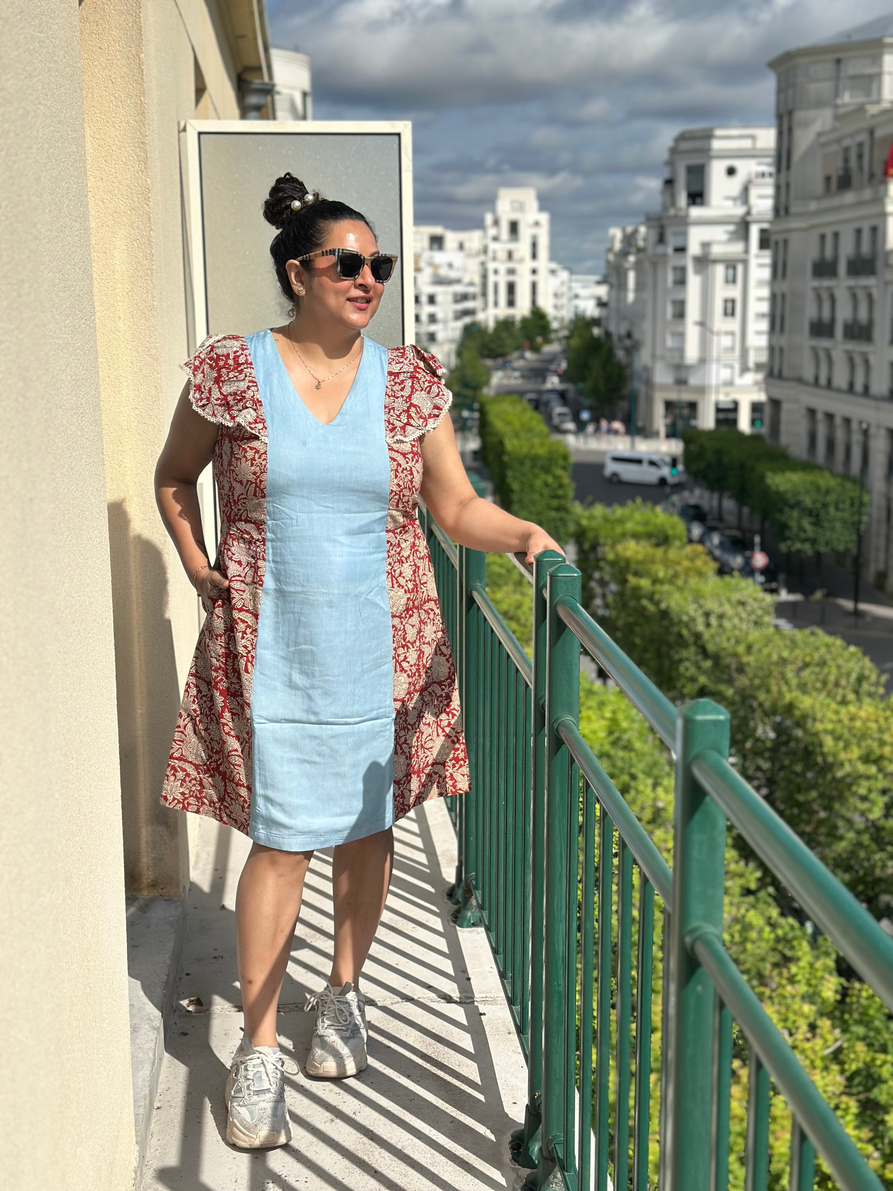 Denim Bagru Handblock Printed Prince Cut Red Dress