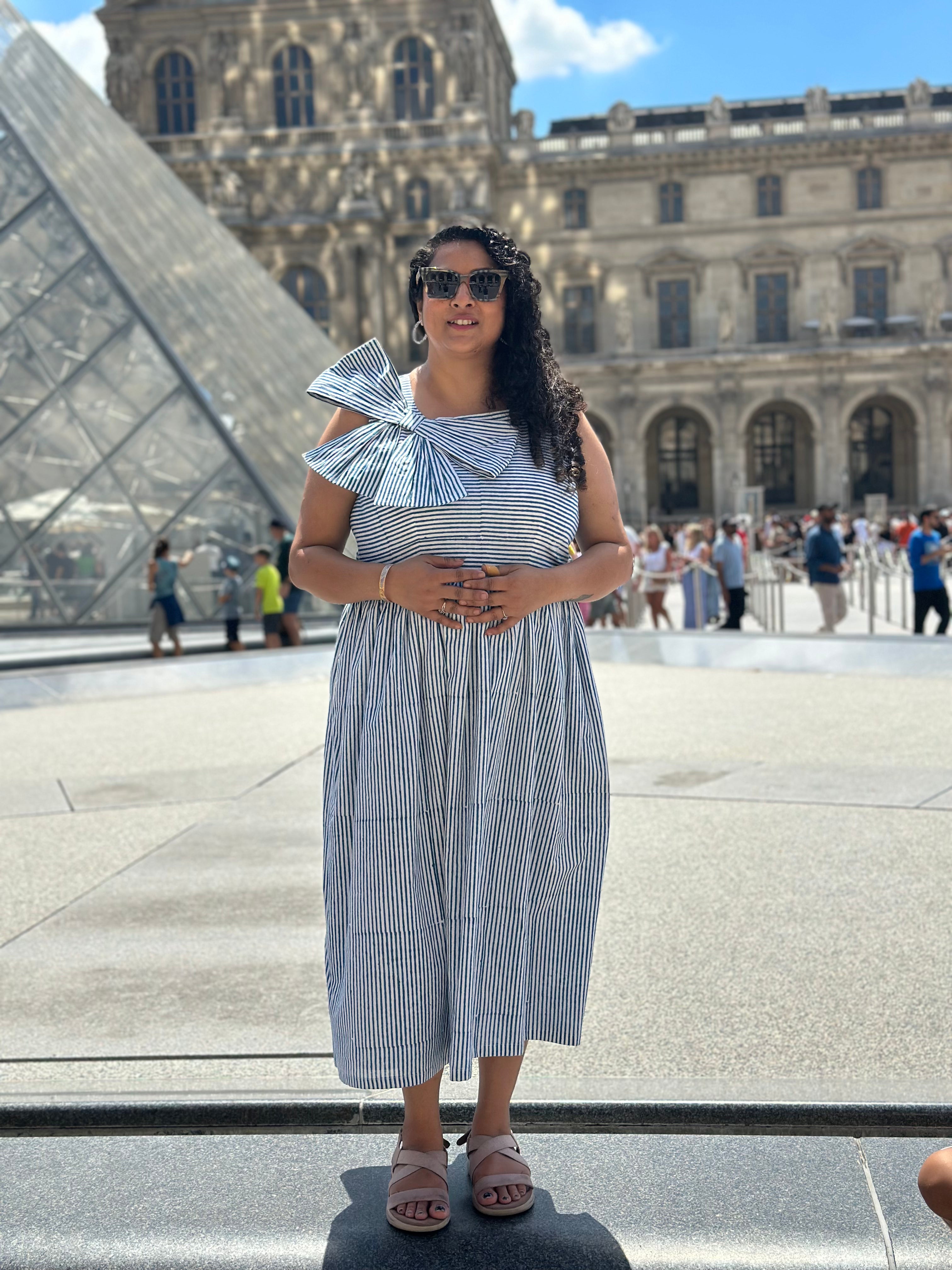 Parisian Bow Charm-Dabu Hand block Striped Cotton Dress