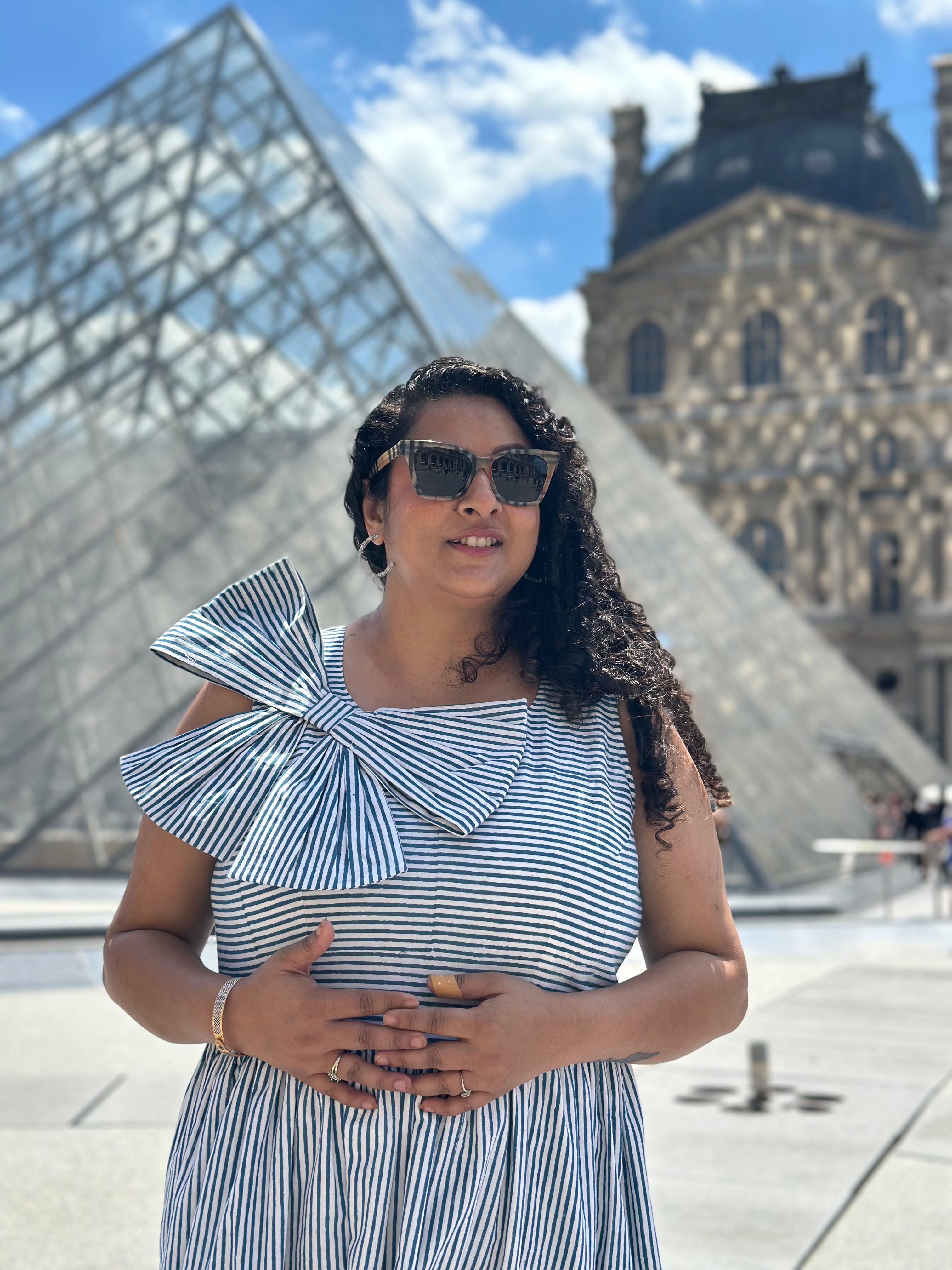 Parisian Bow Charm-Dabu Hand block Striped Cotton Dress