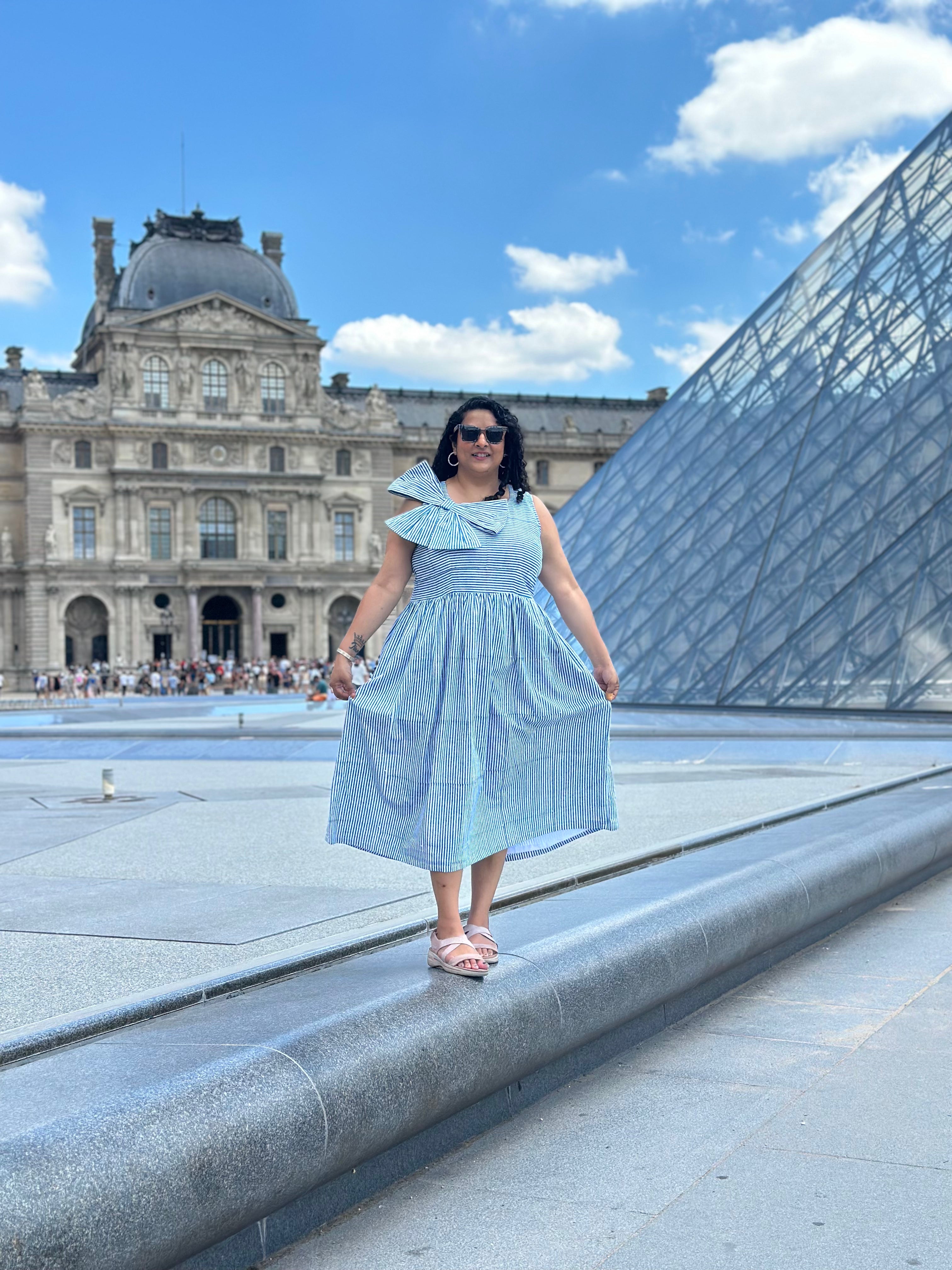 Parisian Bow Charm-Dabu Hand block Striped Cotton Dress