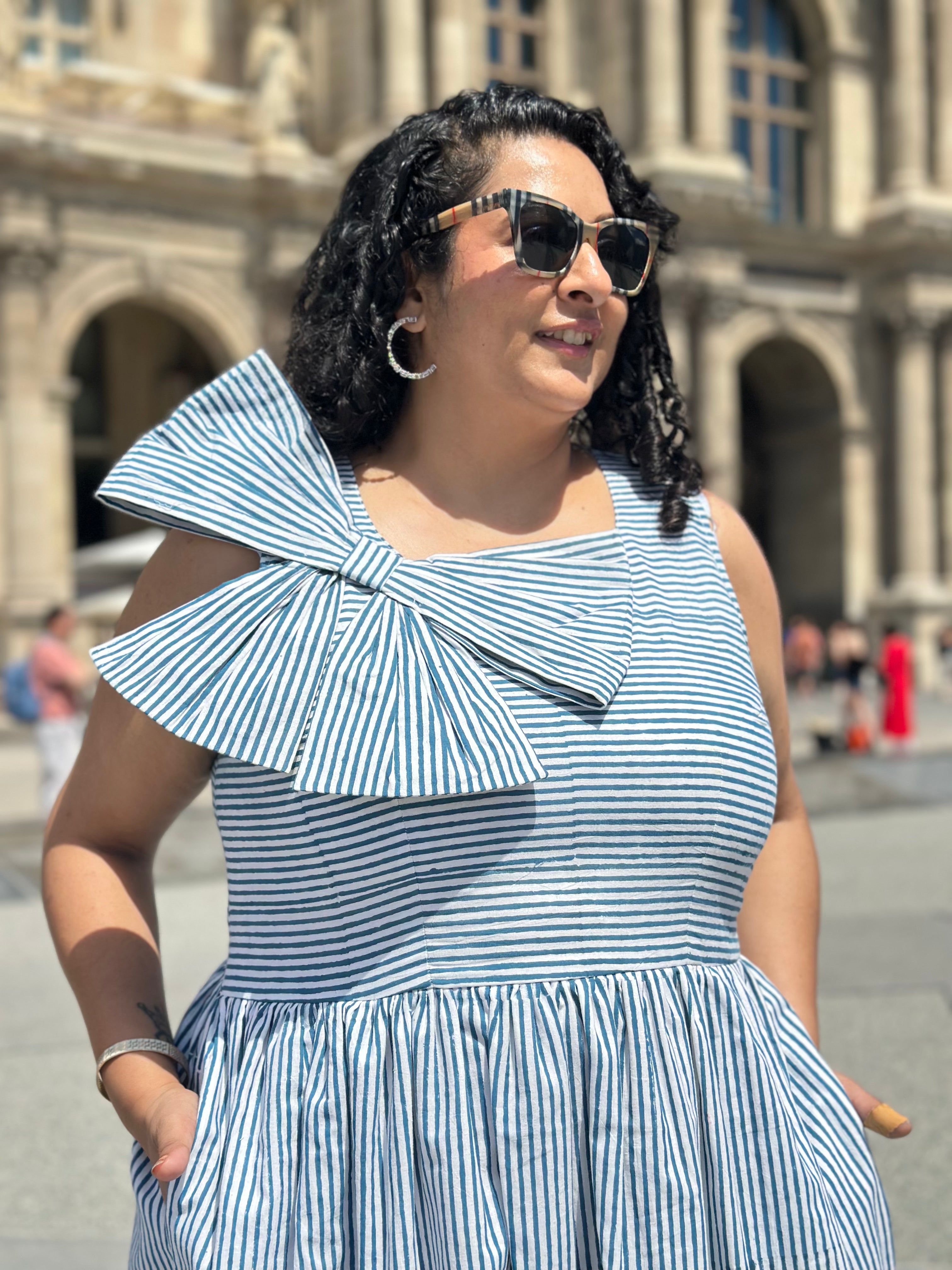 Parisian Bow Charm-Dabu Hand block Striped Cotton Dress