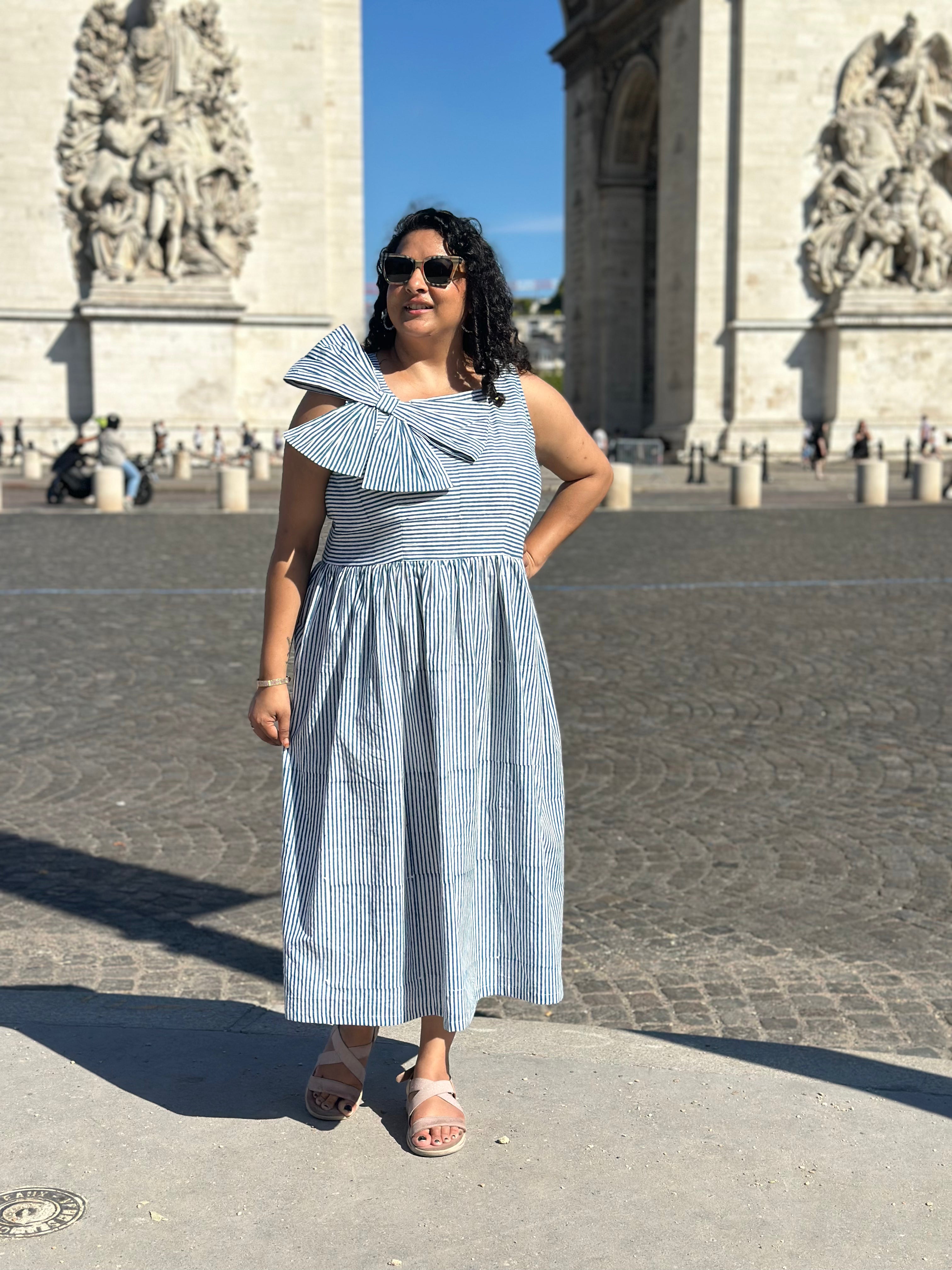 Parisian Bow Charm-Dabu Hand block Striped Cotton Dress