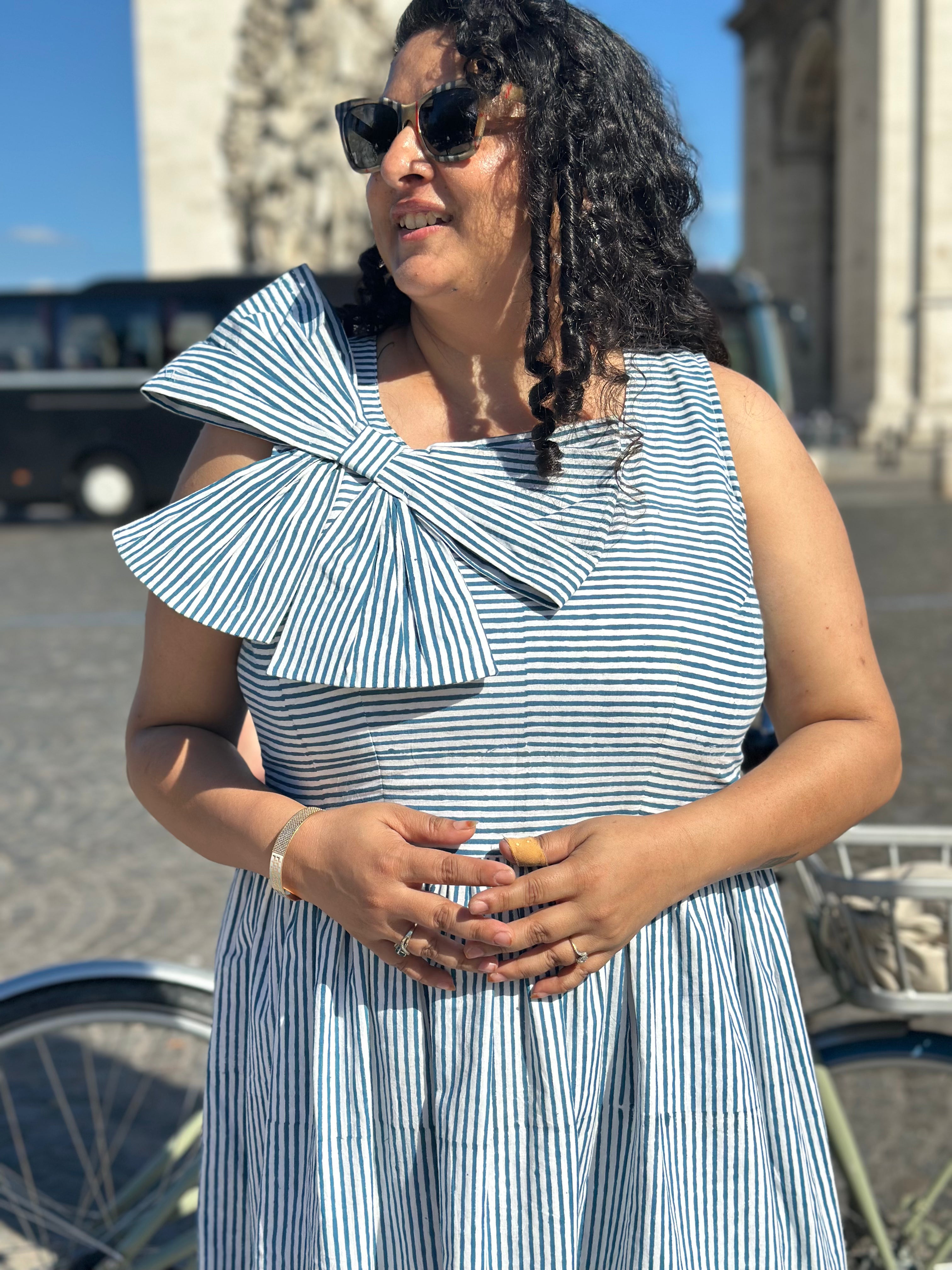 Parisian Bow Charm-Dabu Hand block Striped Cotton Dress
