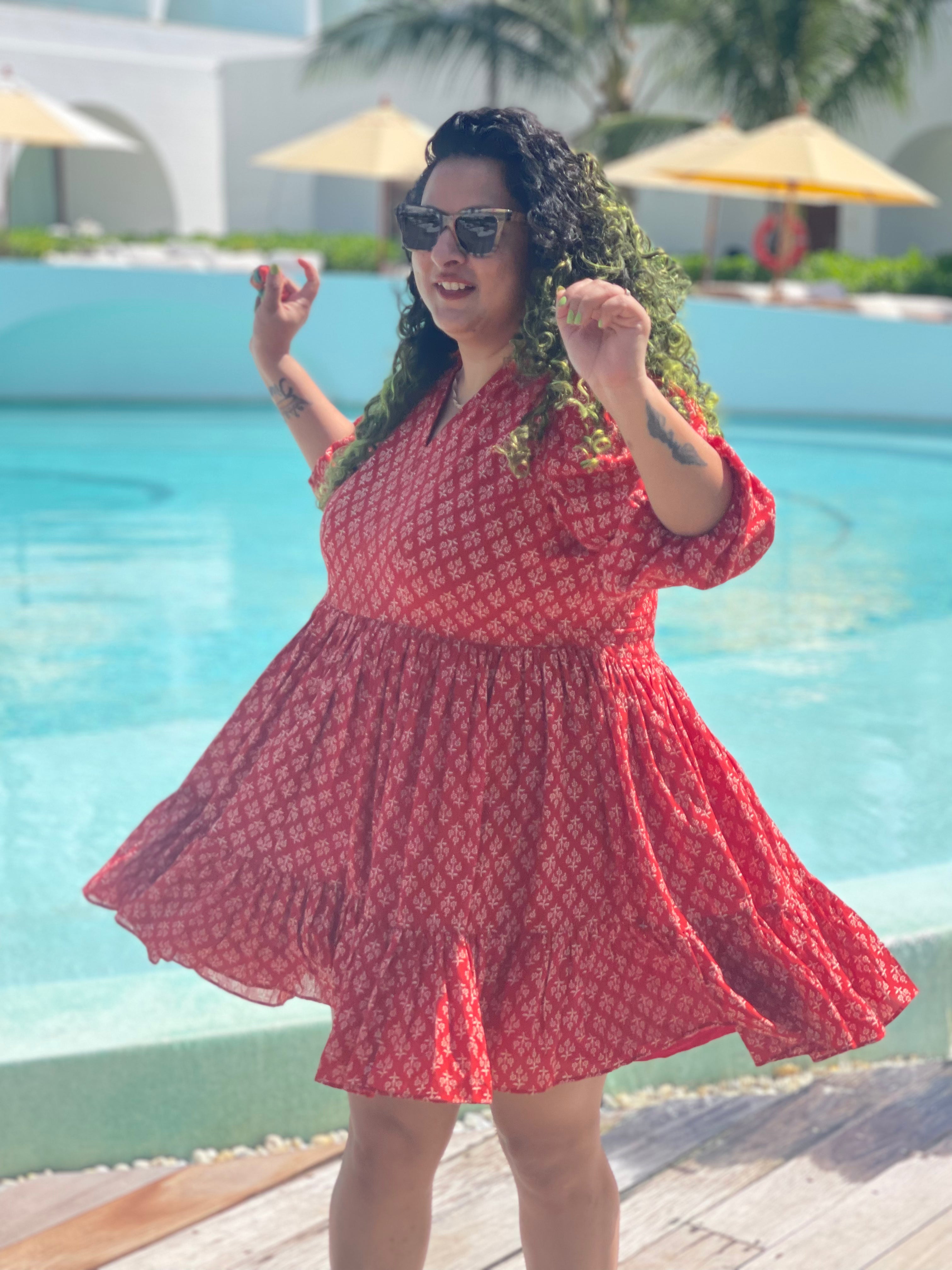 Red Bagru Handblock Printed Modal Cotton Frock Style Dress