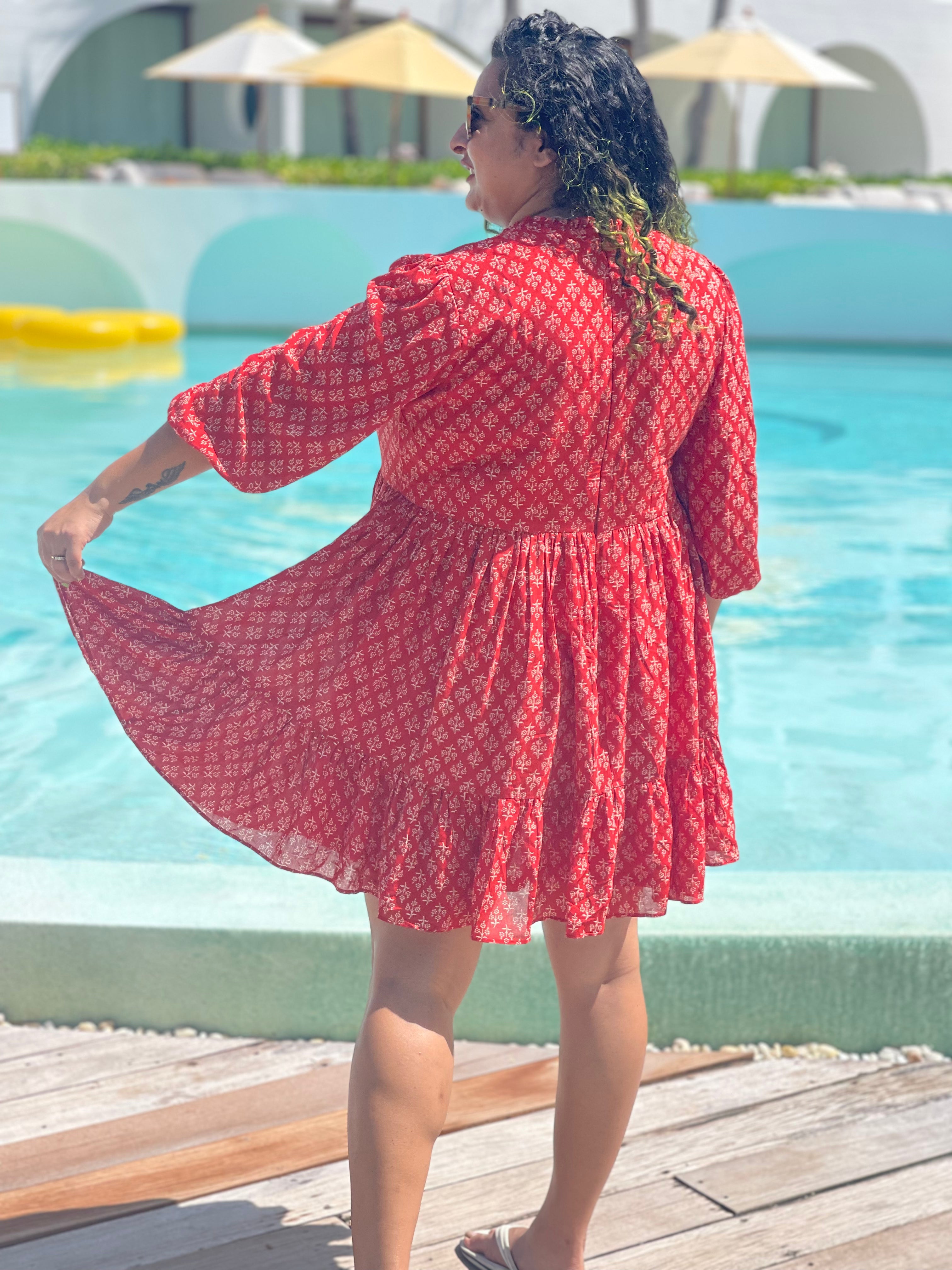 Red Bagru Handblock Printed Modal Cotton Frock Style Dress