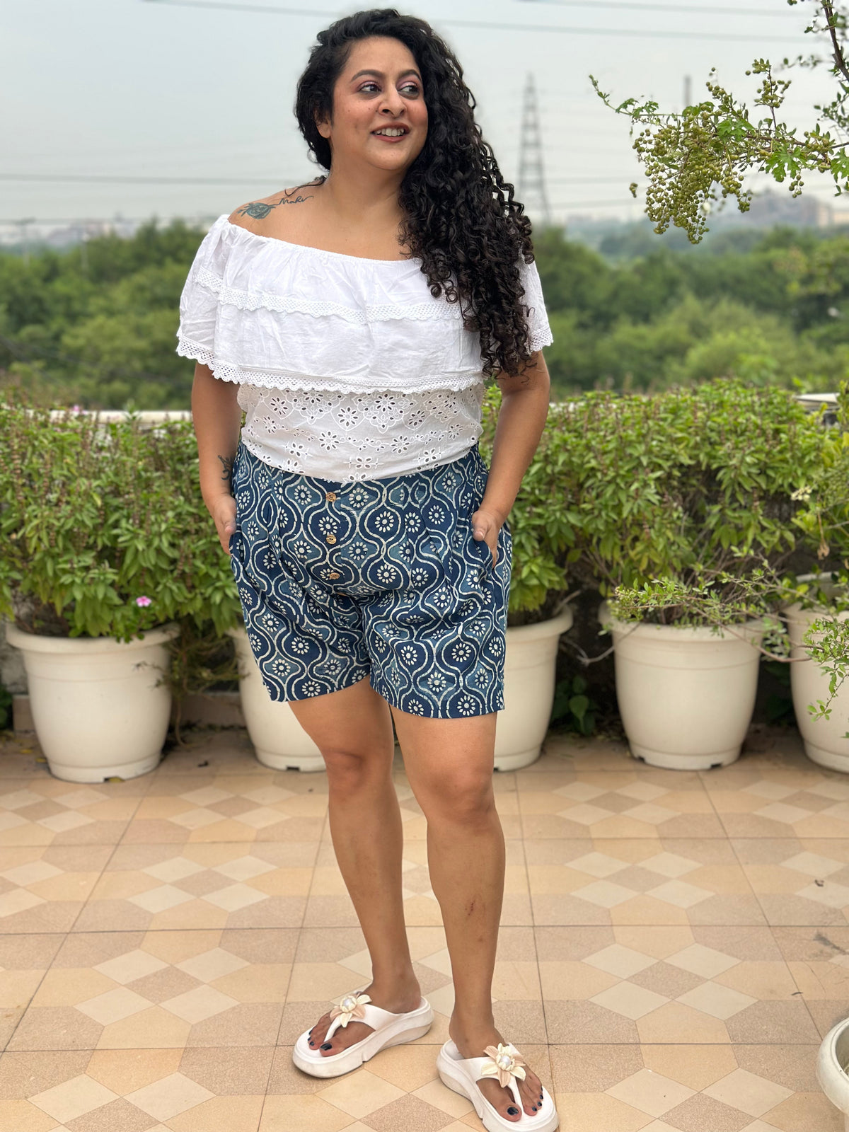Desi Meadow- Indigo Dabu Handblock Print Cotton Shorts