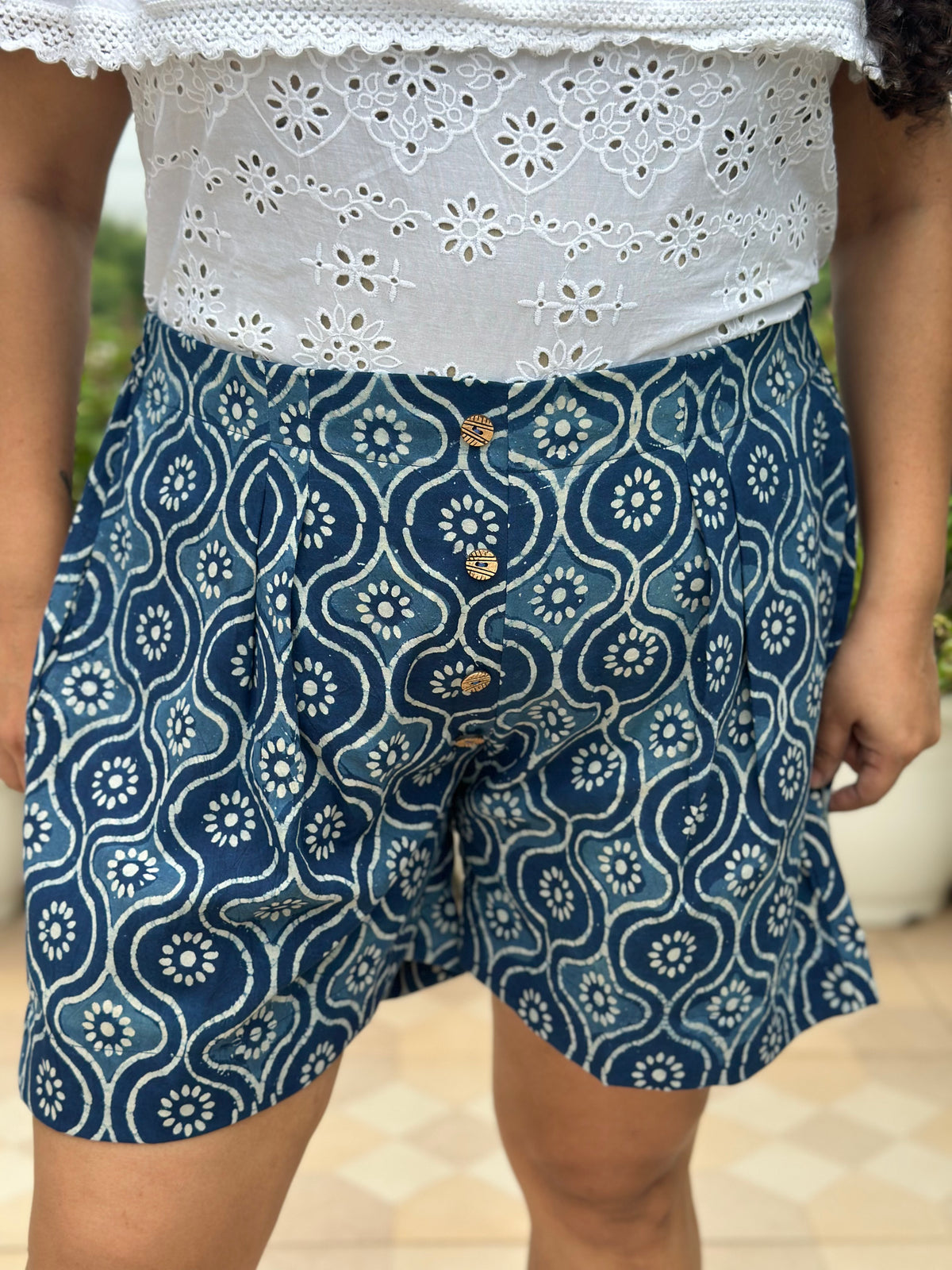 Desi Meadow- Indigo Dabu Handblock Print Cotton Shorts