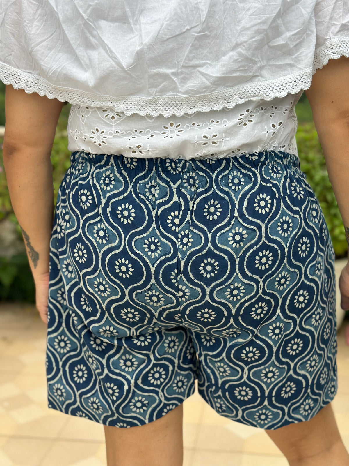 Desi Meadow- Indigo Dabu Handblock Print Cotton Shorts