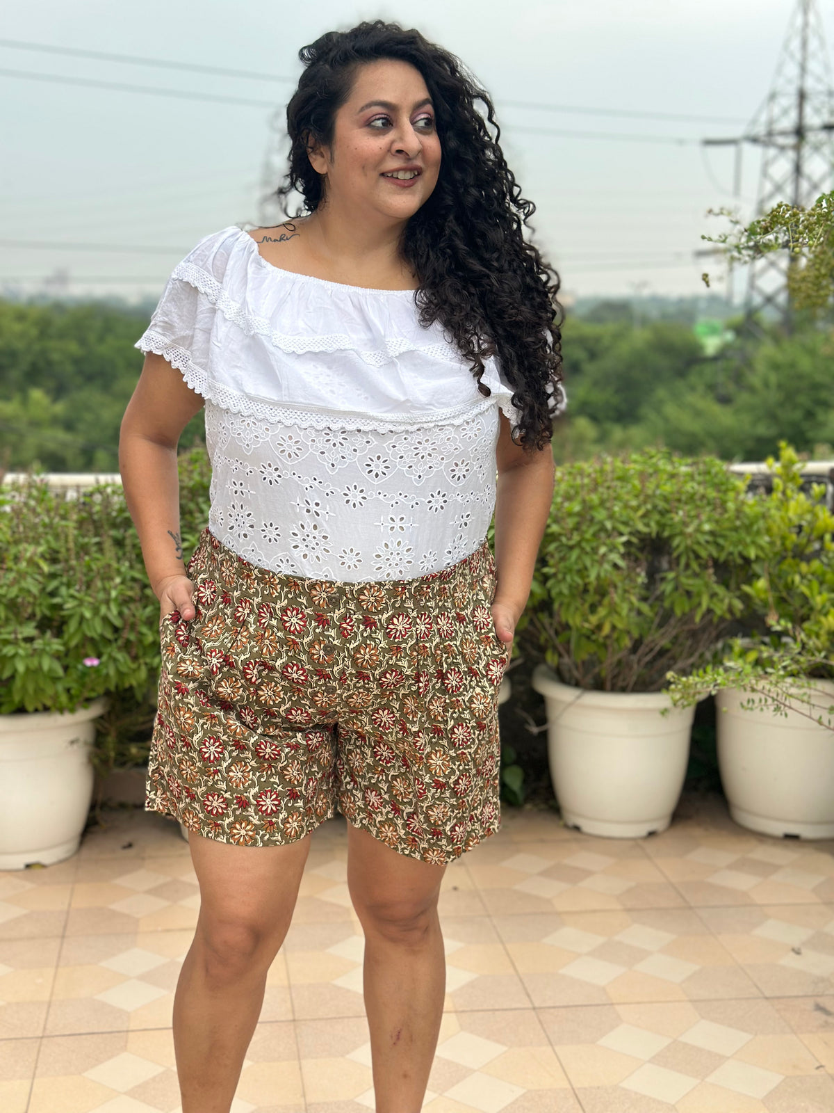 Name - Rustic Flora Bagru Brown Handblock Cotton shorts