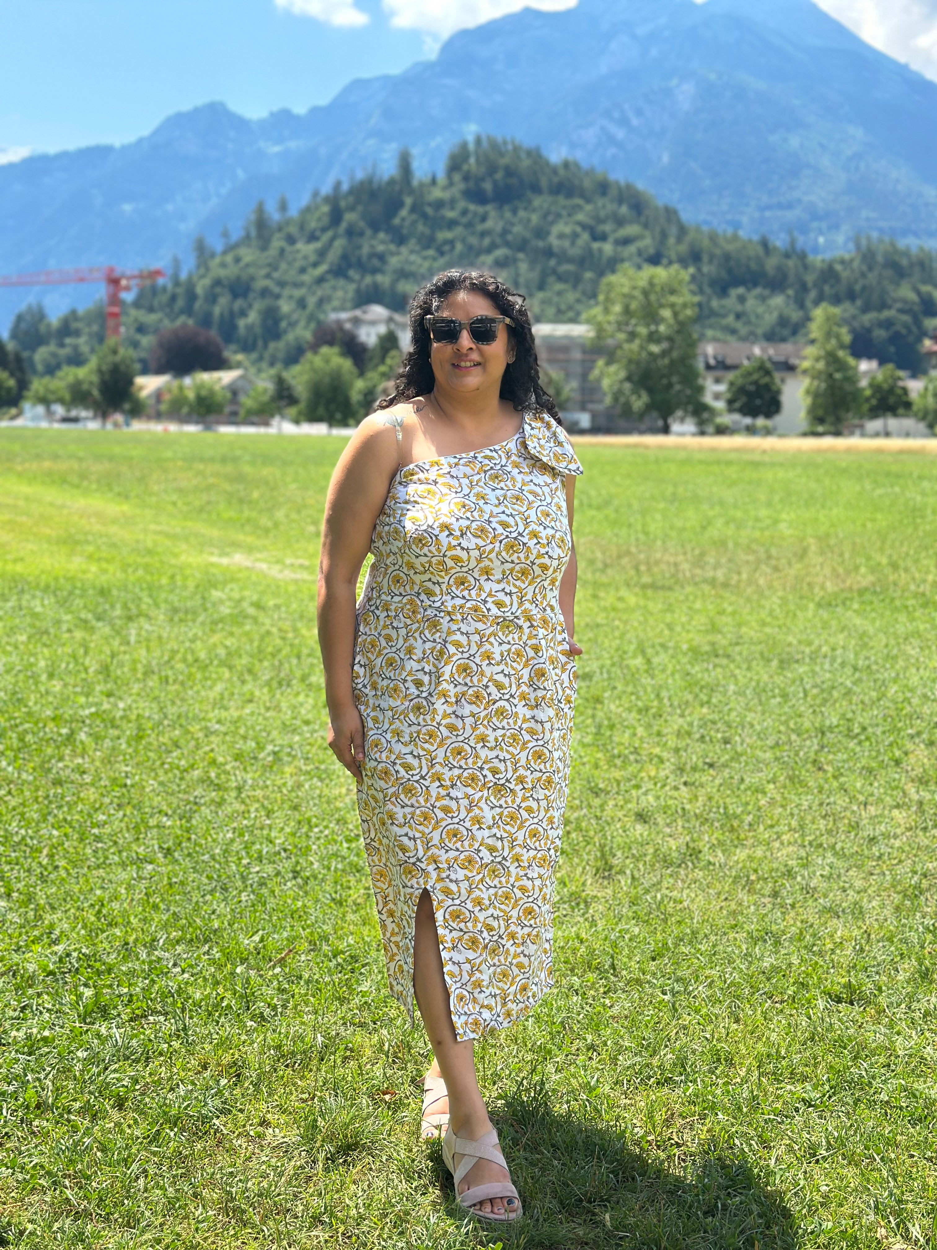 Sunshine bloom-One Shoulder Sanganeri Hand block Print Cotton Dress