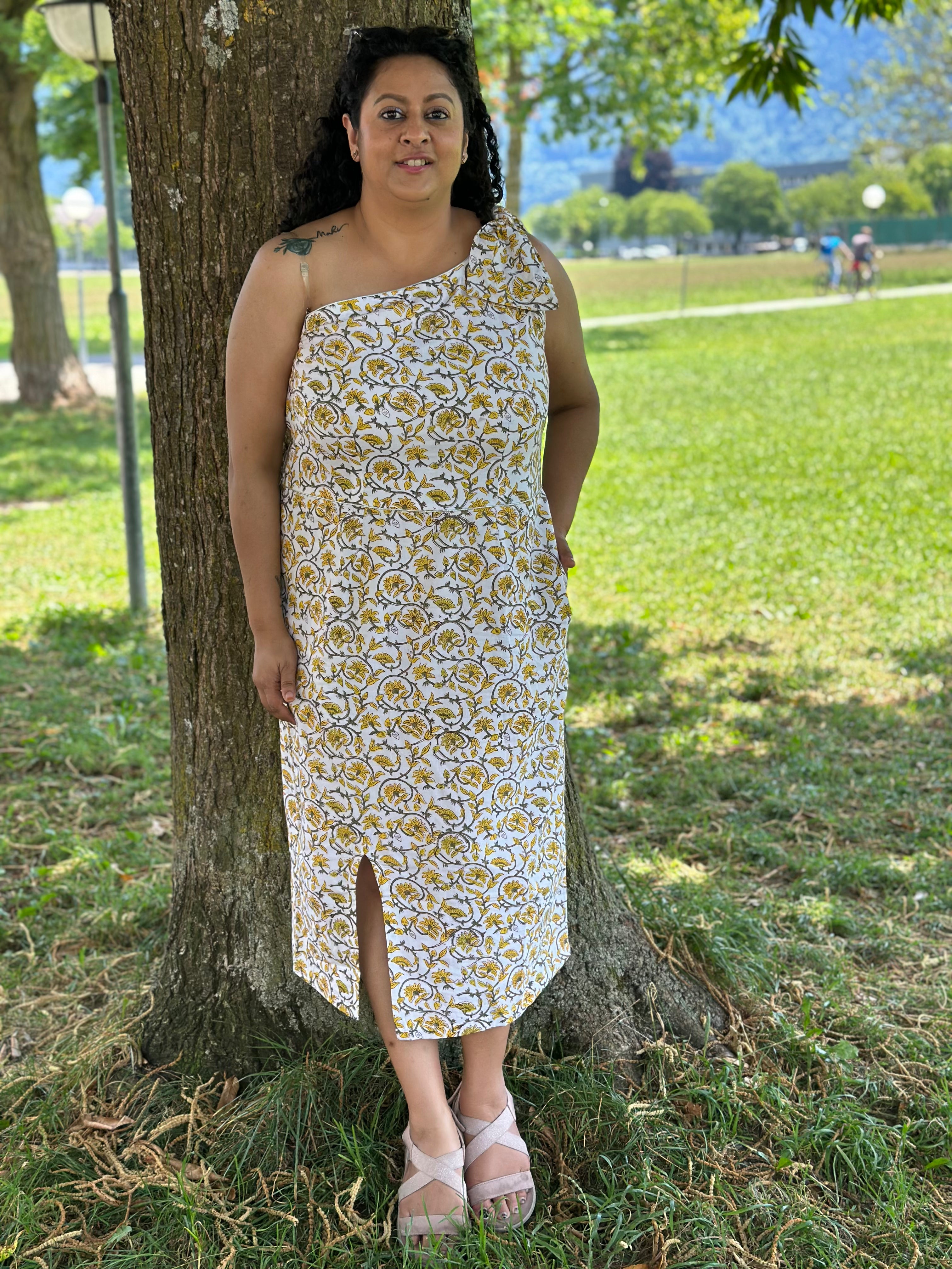 Sunshine bloom-One Shoulder Sanganeri Hand block Print Cotton Dress