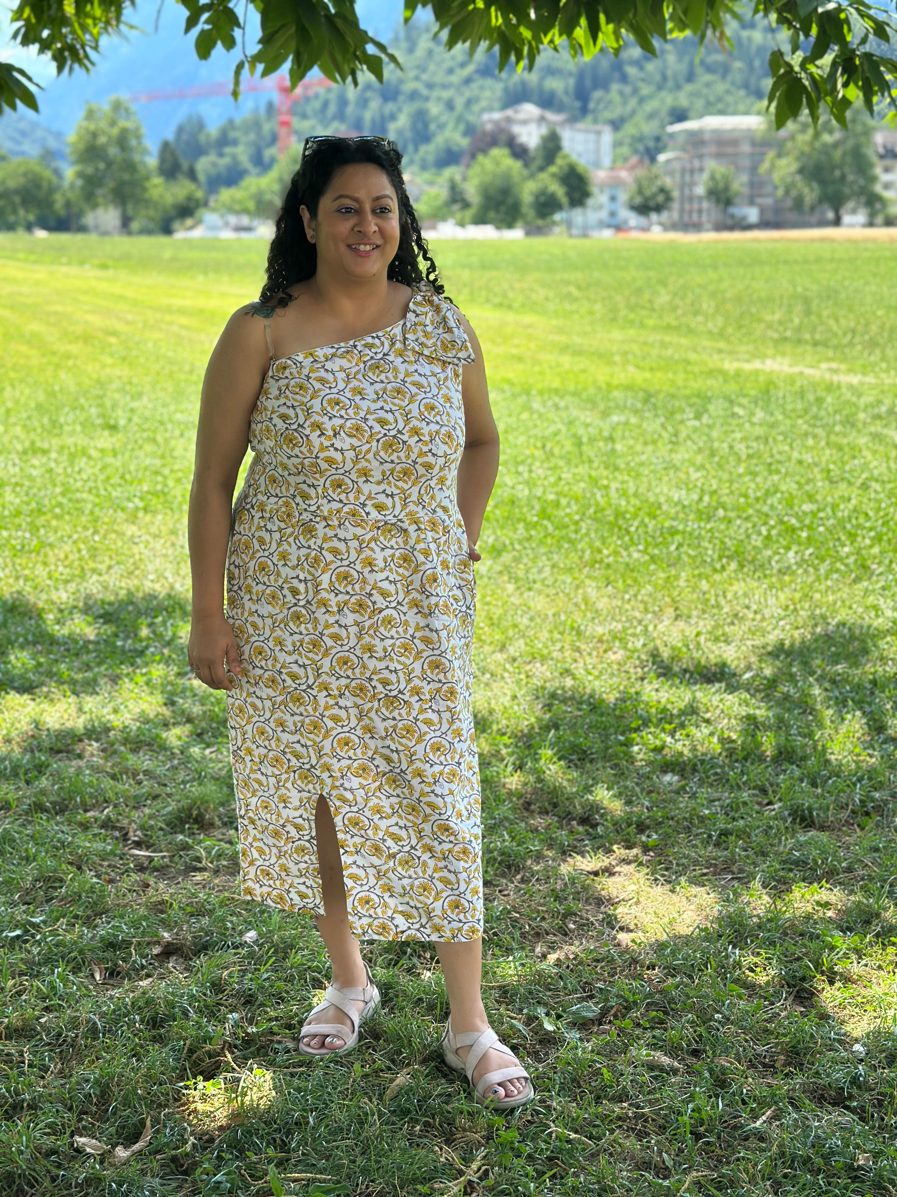 Sunshine bloom-One Shoulder Sanganeri Hand block Print Cotton Dress