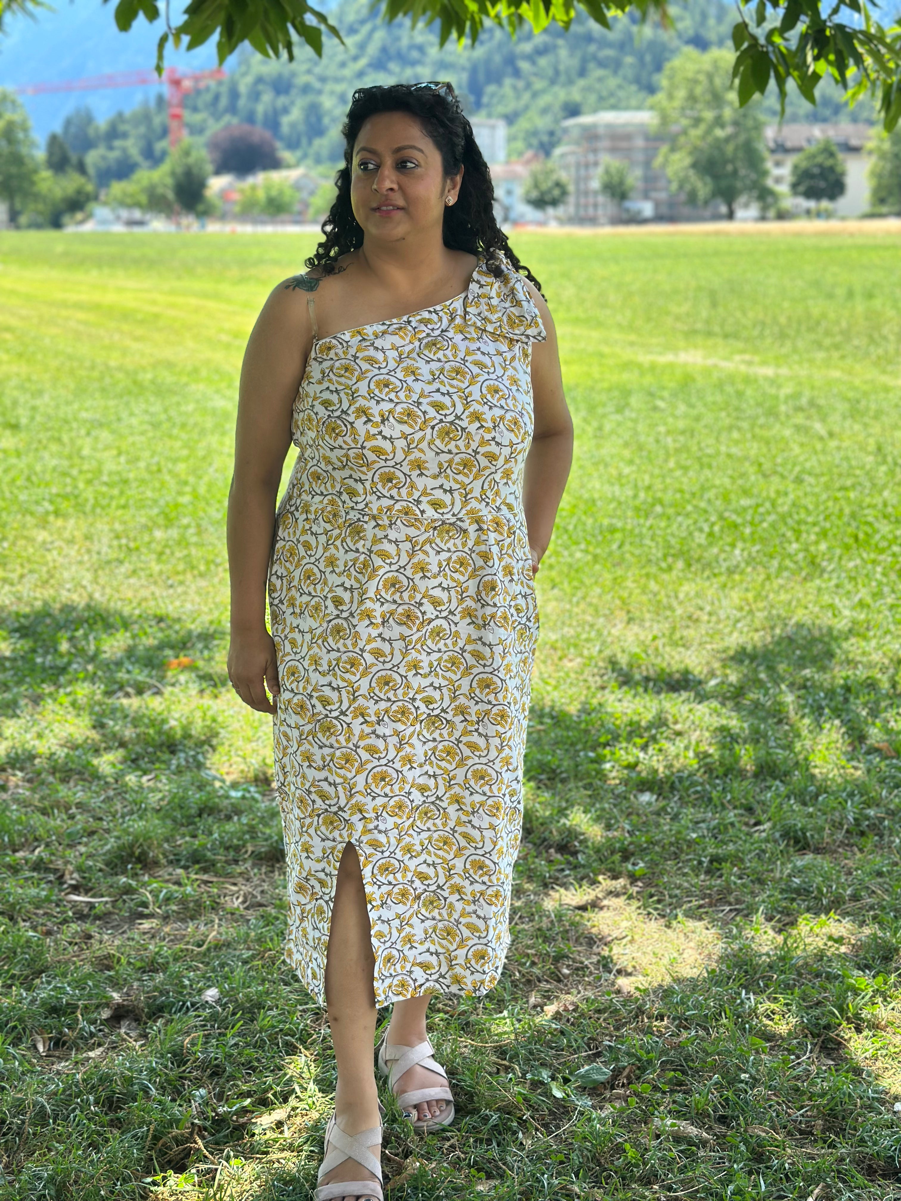 Sunshine bloom-One Shoulder Sanganeri Hand block Print Cotton Dress