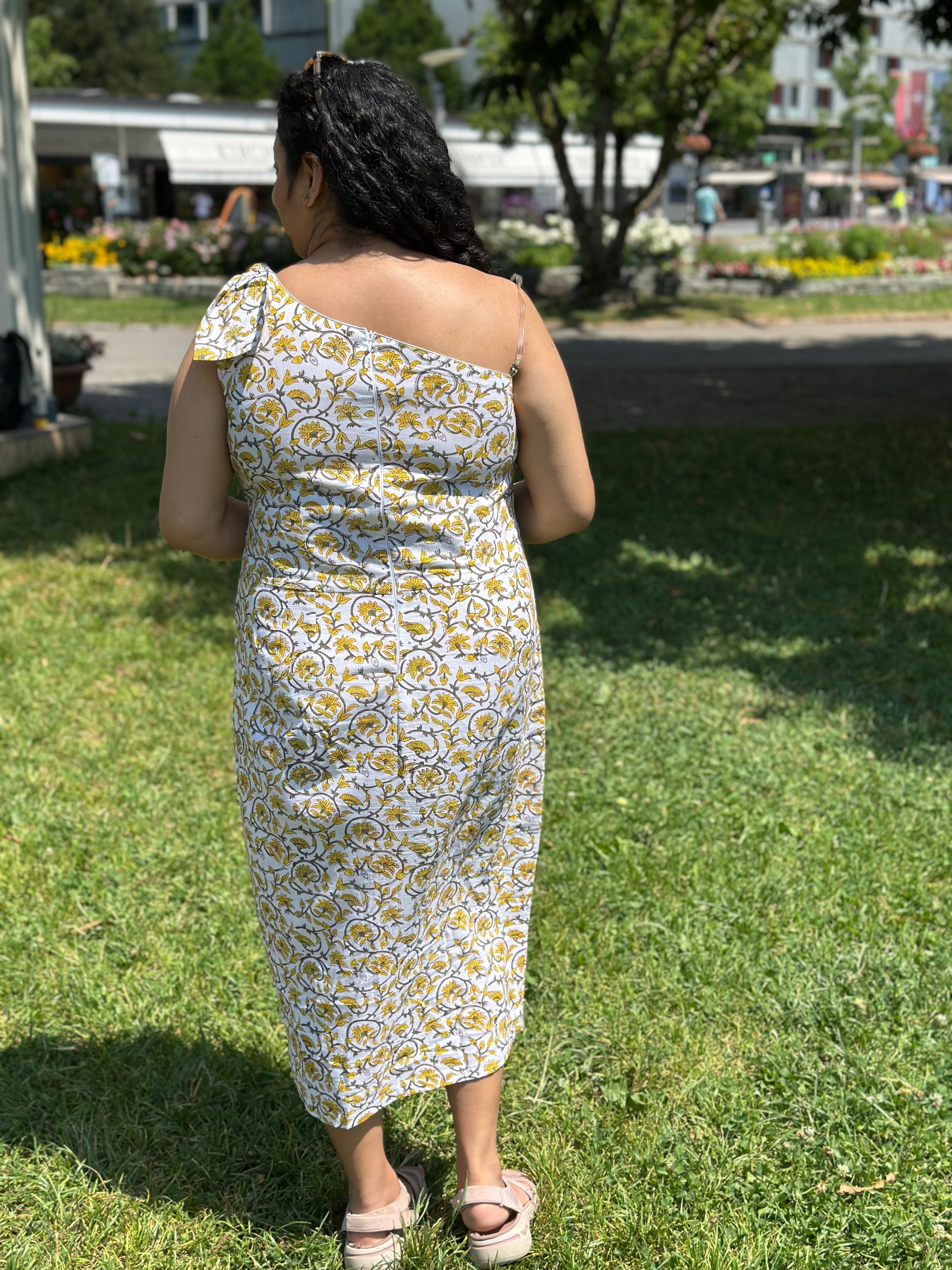 Sunshine bloom-One Shoulder Sanganeri Hand block Print Cotton Dress
