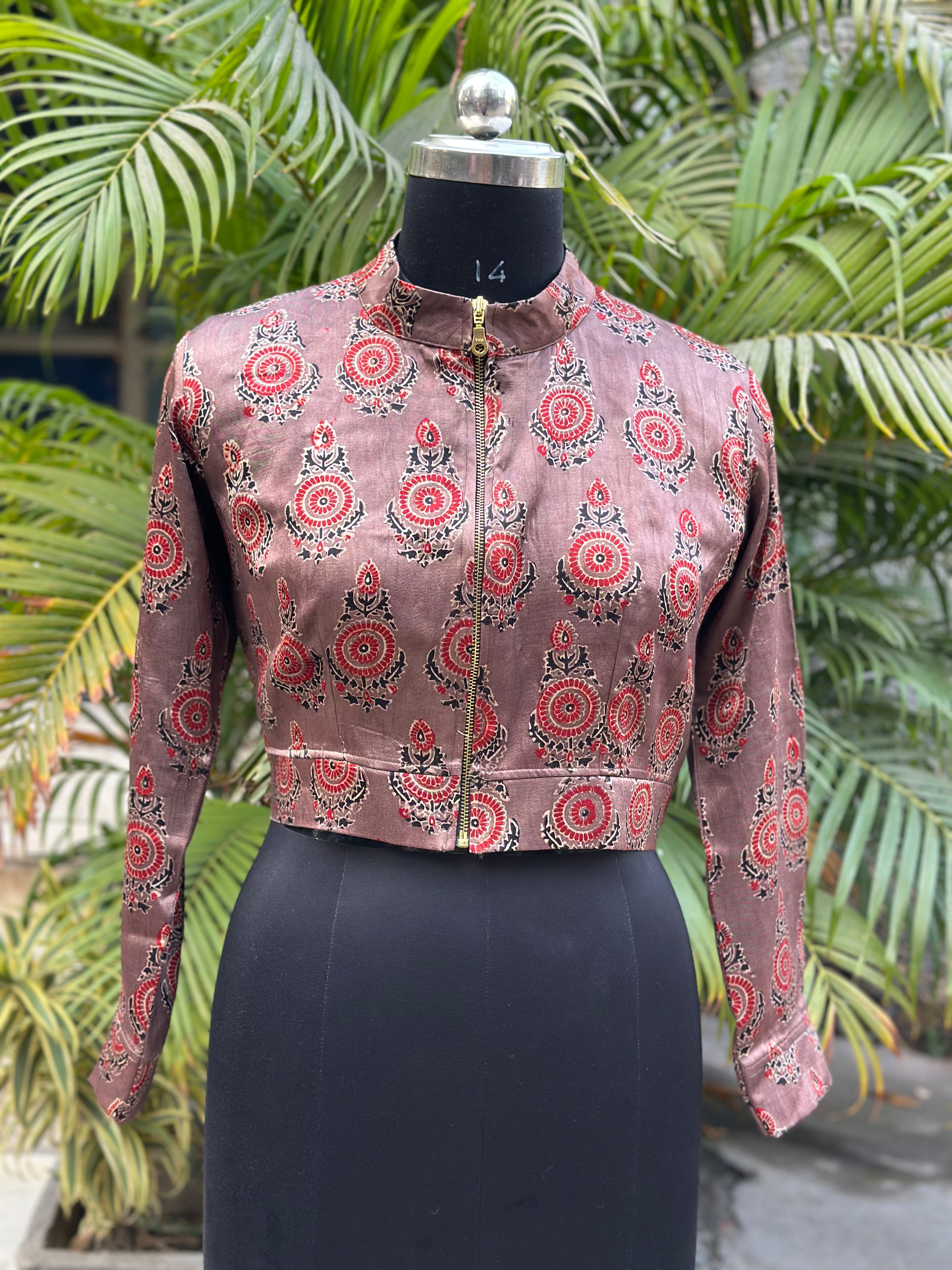 Vintage grace- Ajrakh handblock print Rose pink mashru silk blouse