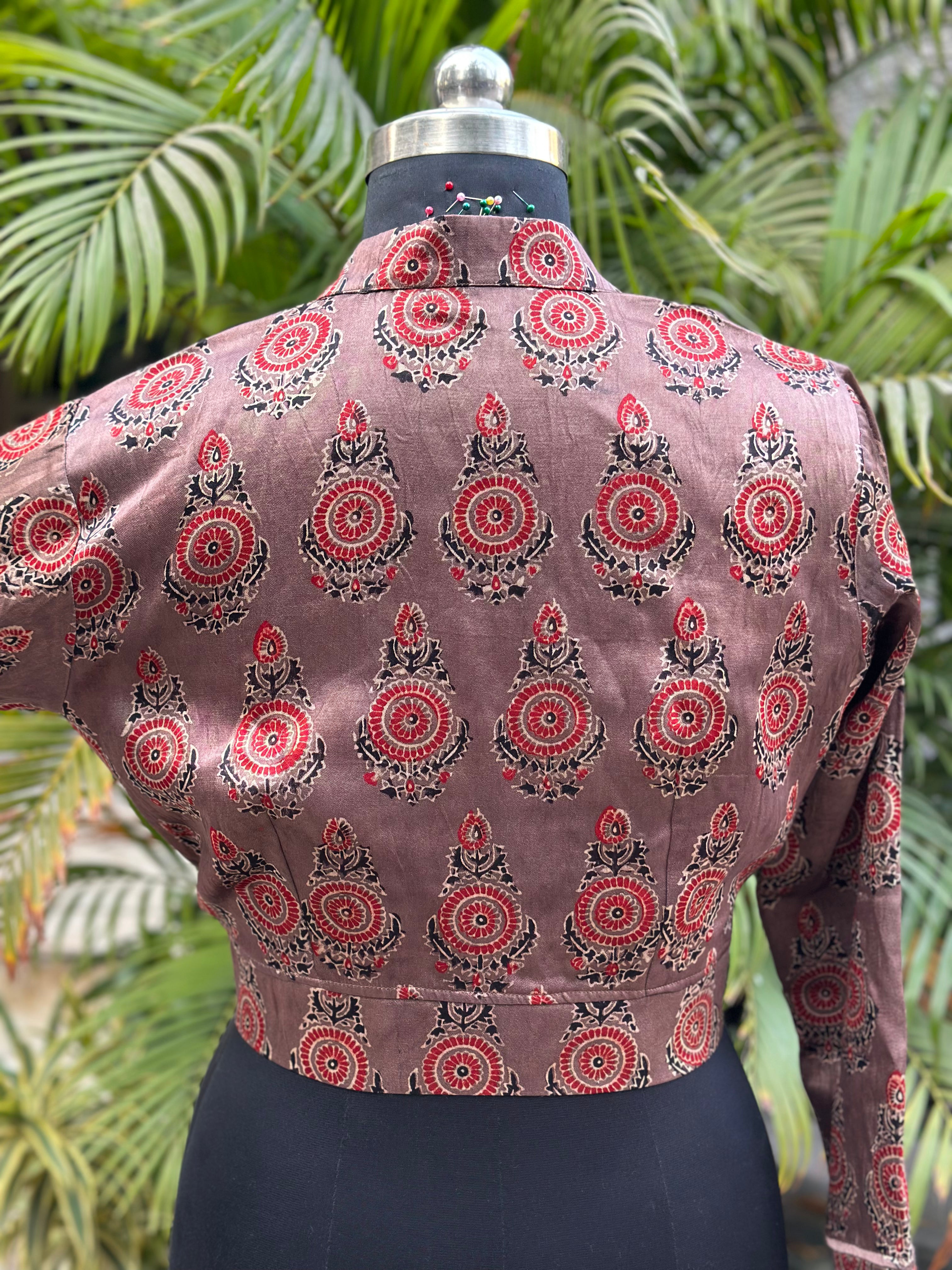 Vintage grace- Ajrakh handblock print Rose pink mashru silk blouse