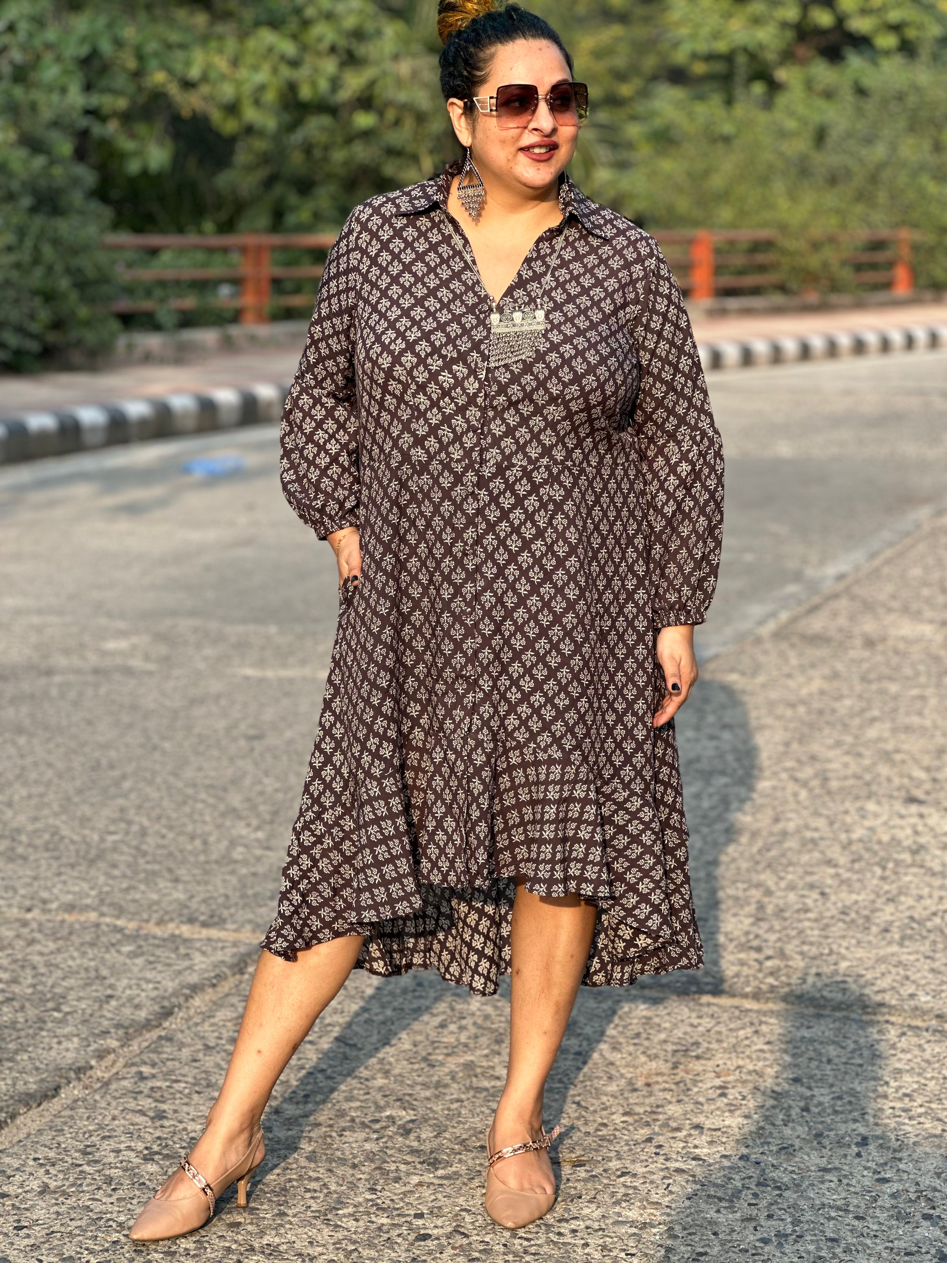 Black bagru handblock print modal cotton high low dress