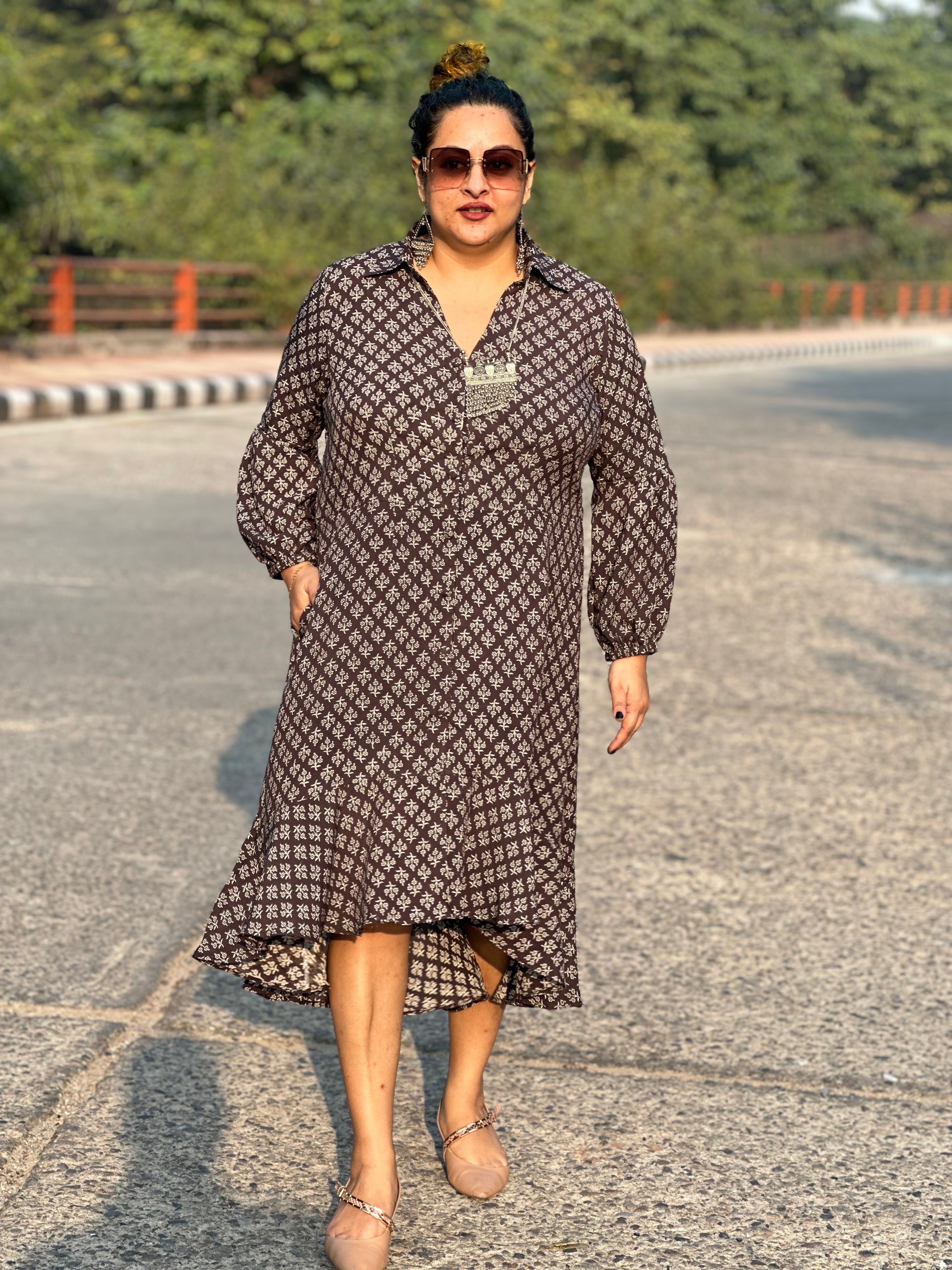 Black bagru handblock print modal cotton high low dress