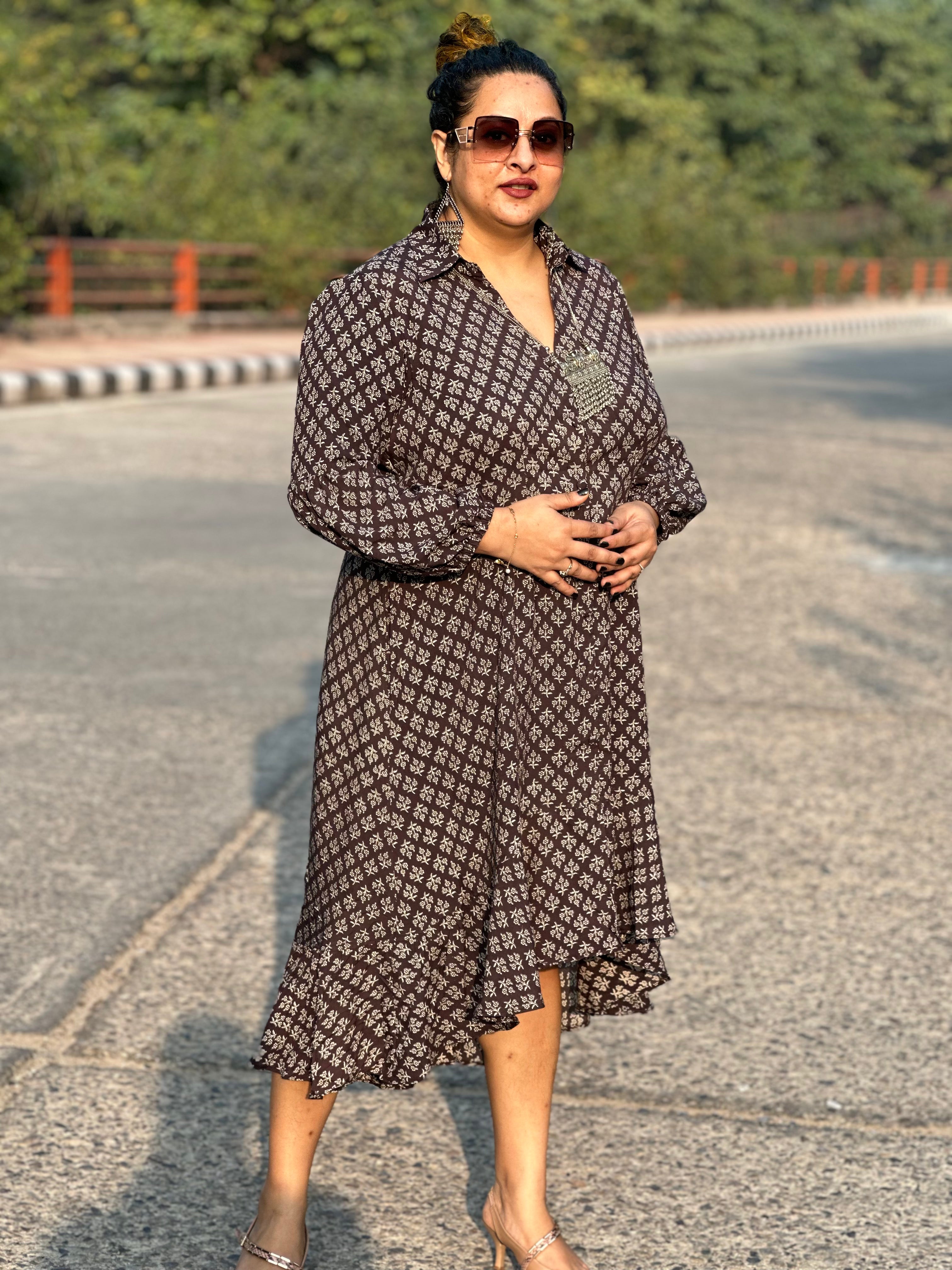 Black bagru handblock print modal cotton high low dress