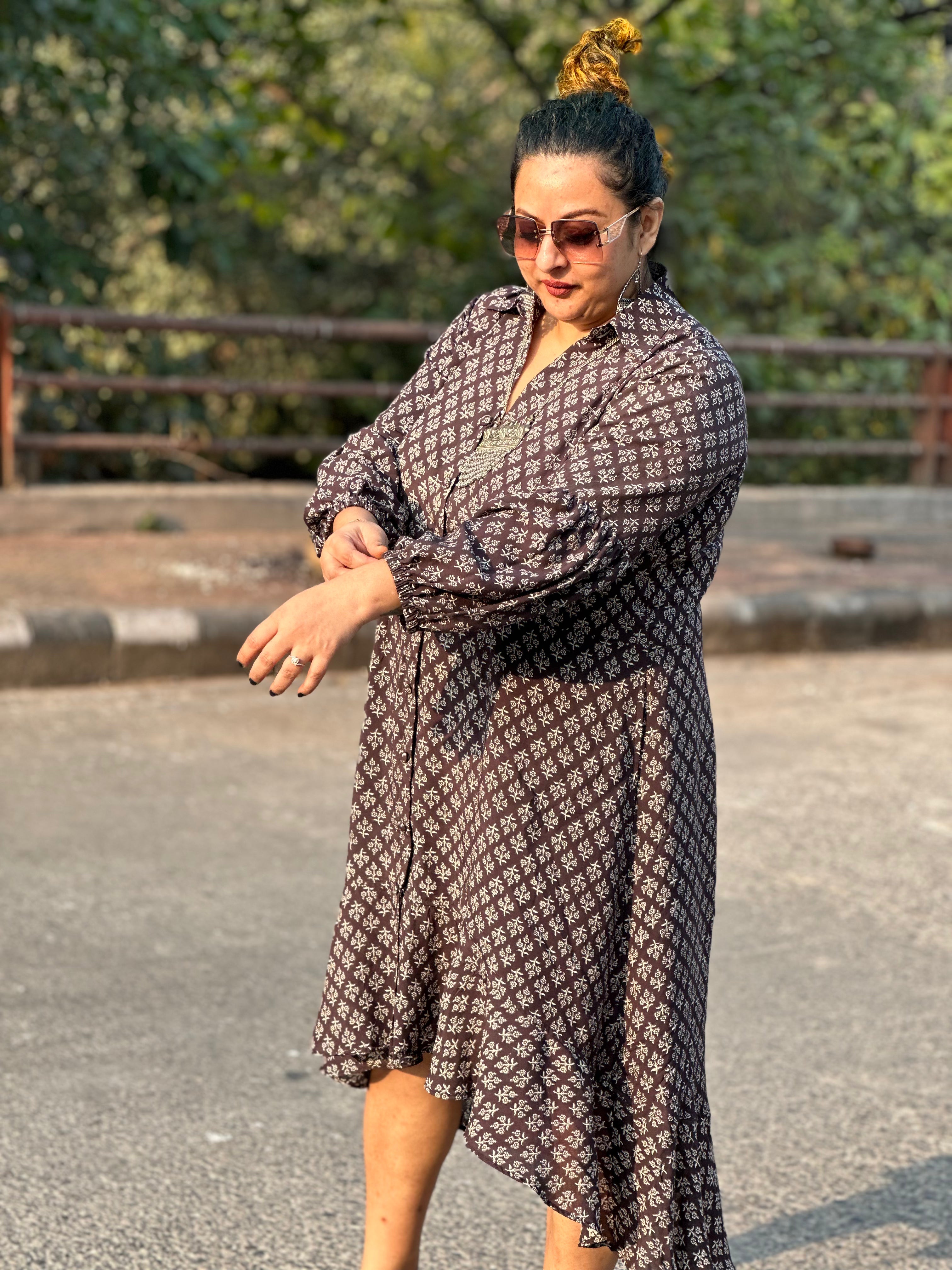 Black bagru handblock print modal cotton high low dress