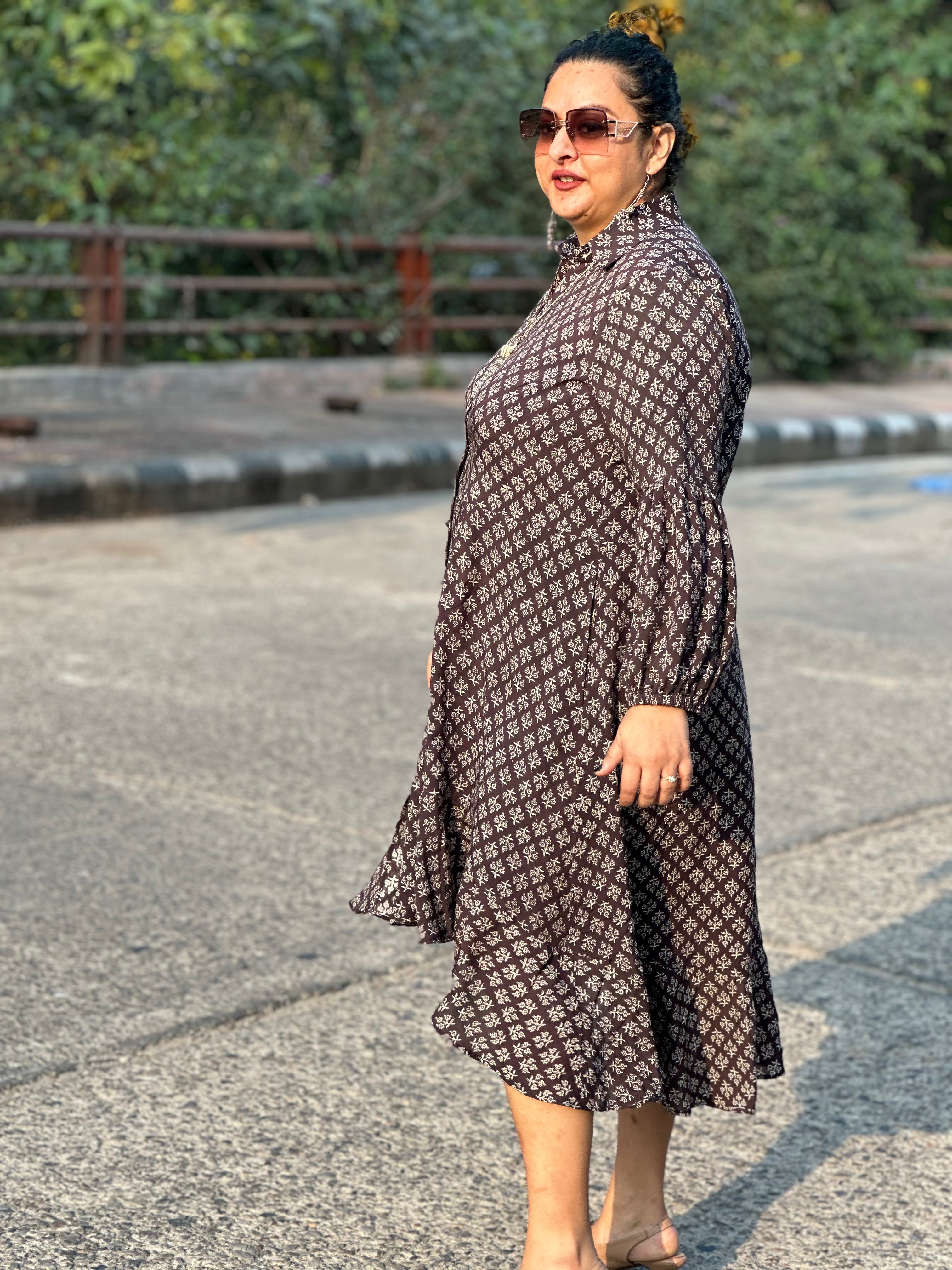 Black bagru handblock print modal cotton high low dress