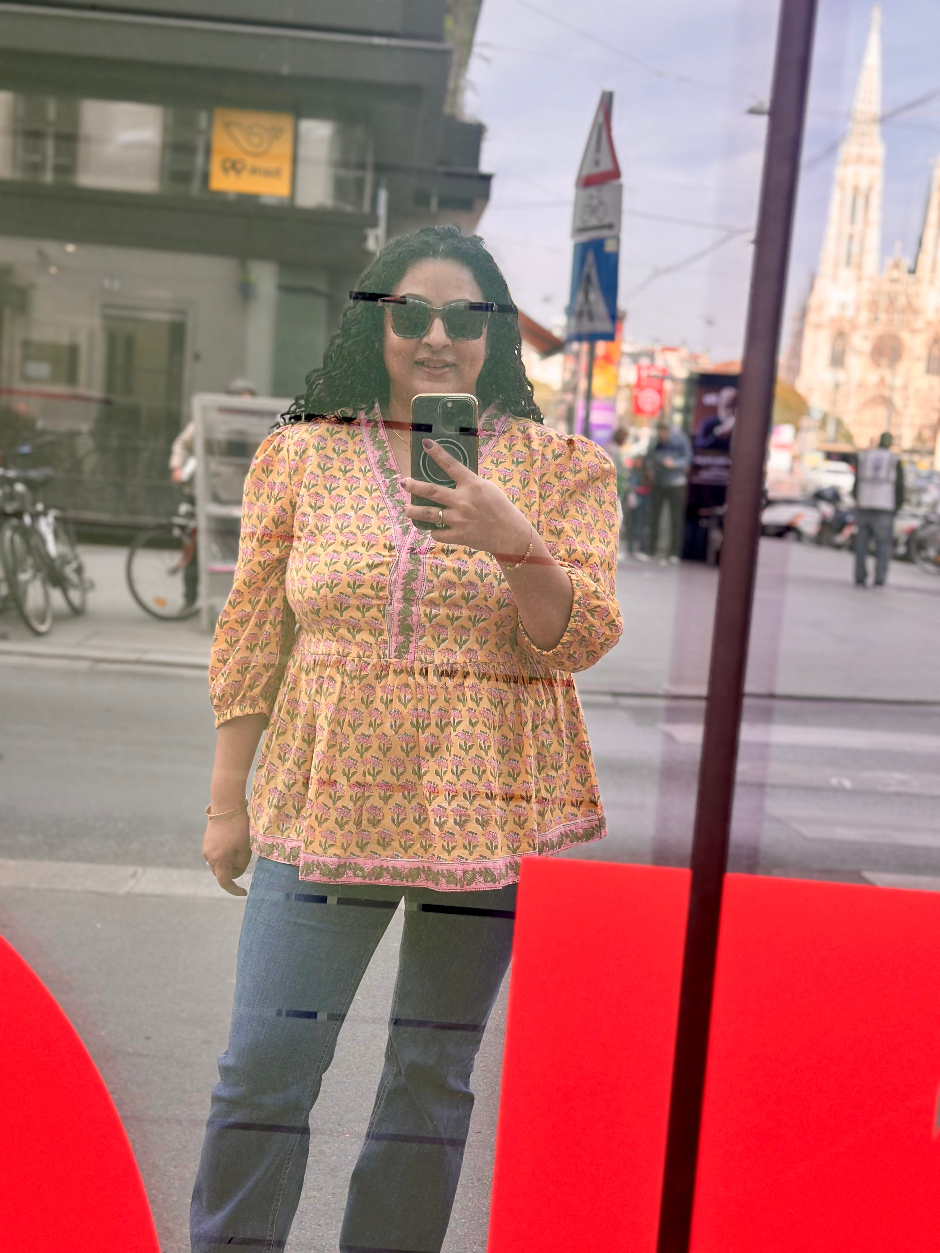 Kesariya Gul: Yellow Sanganeri Handblock Print Cotton Kurti Top