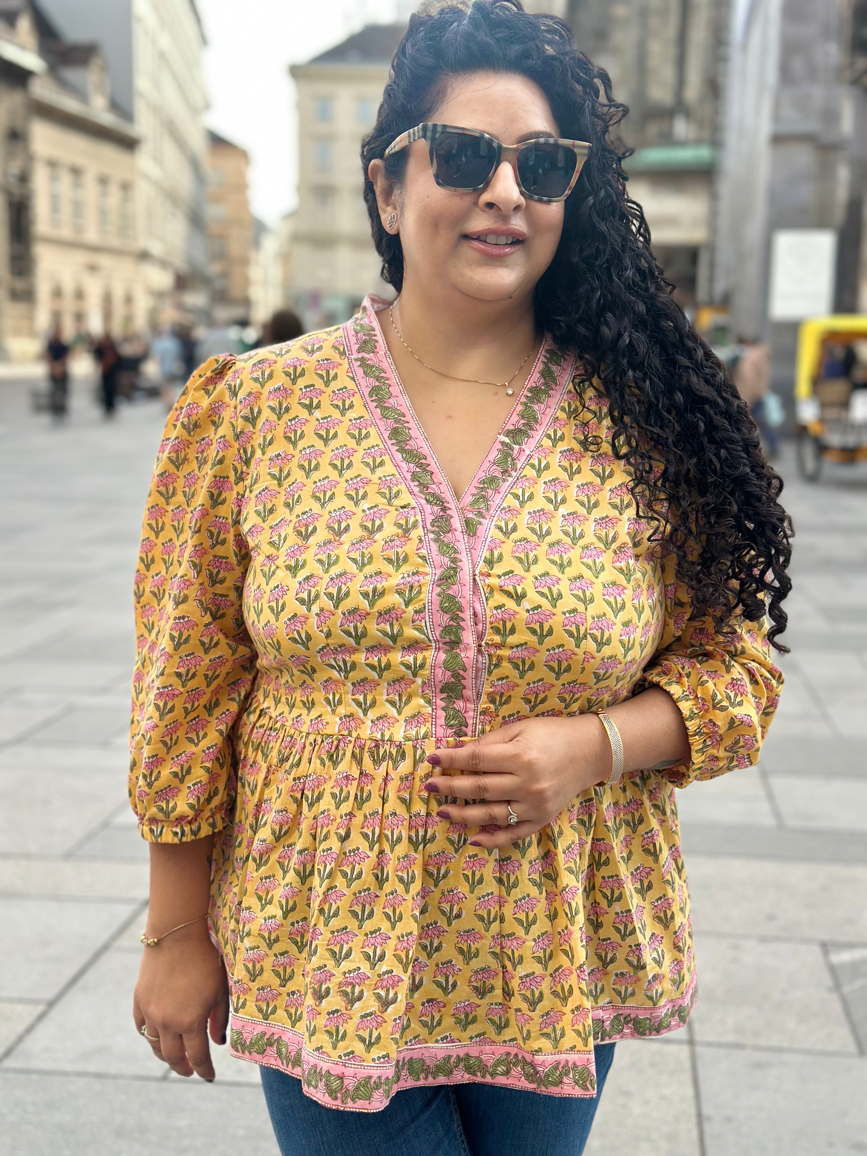 Kesariya Gul: Yellow Sanganeri Handblock Print Cotton Kurti Top