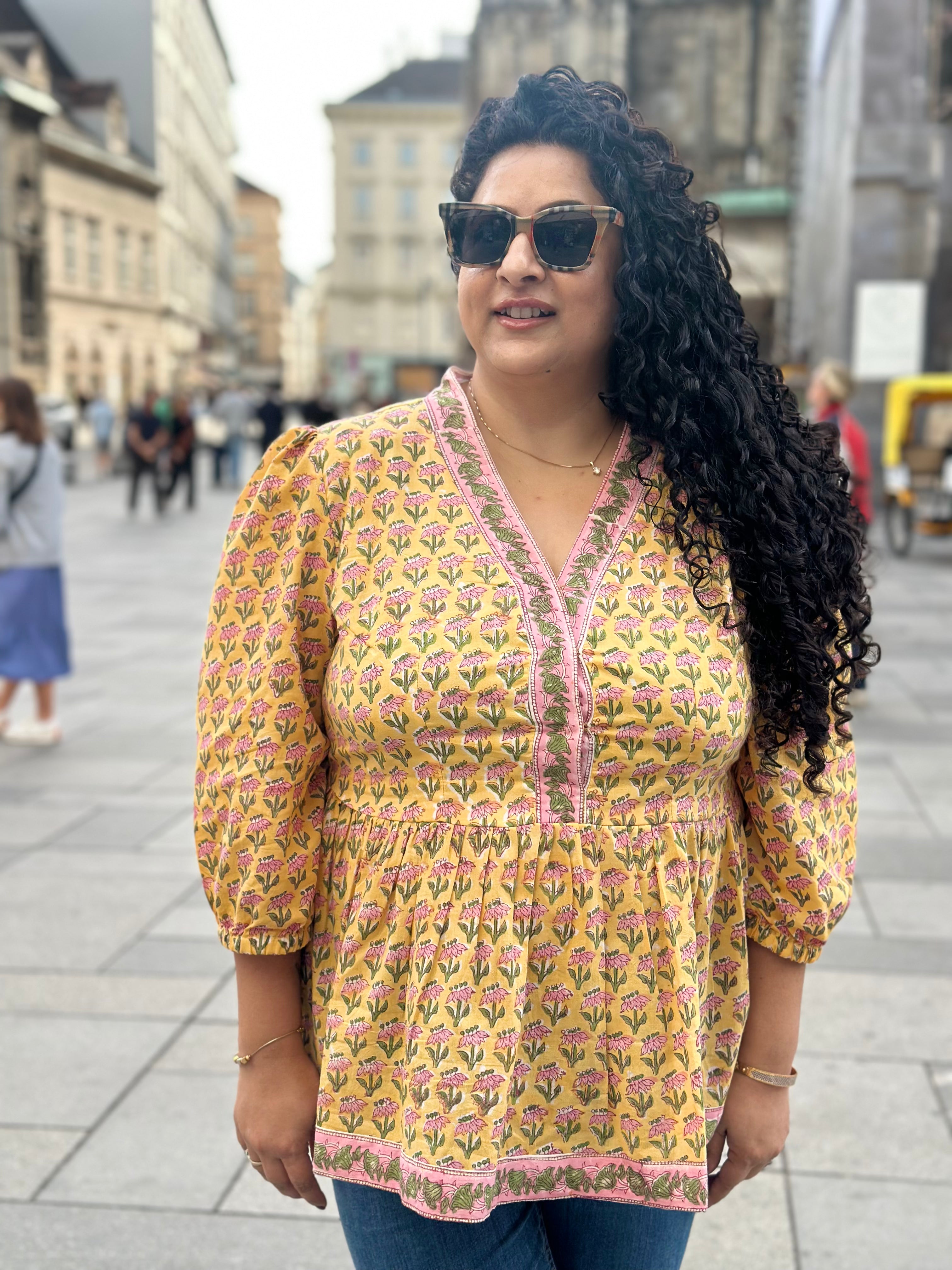 Kesariya Gul: Yellow Sanganeri Handblock Print Cotton Kurti Top
