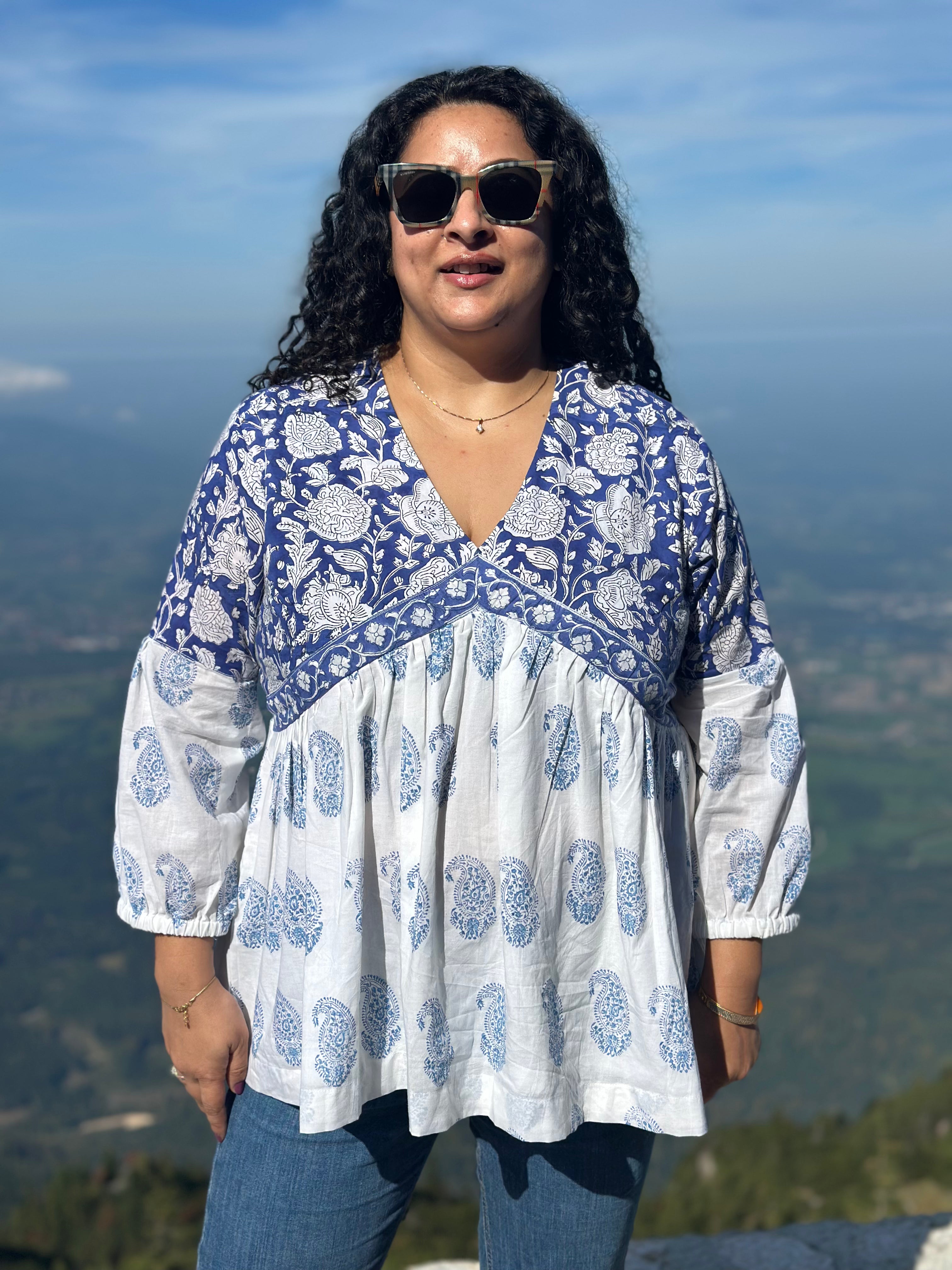 Neel Amora: Blue Sanganeri Handblock Print Kurti Top