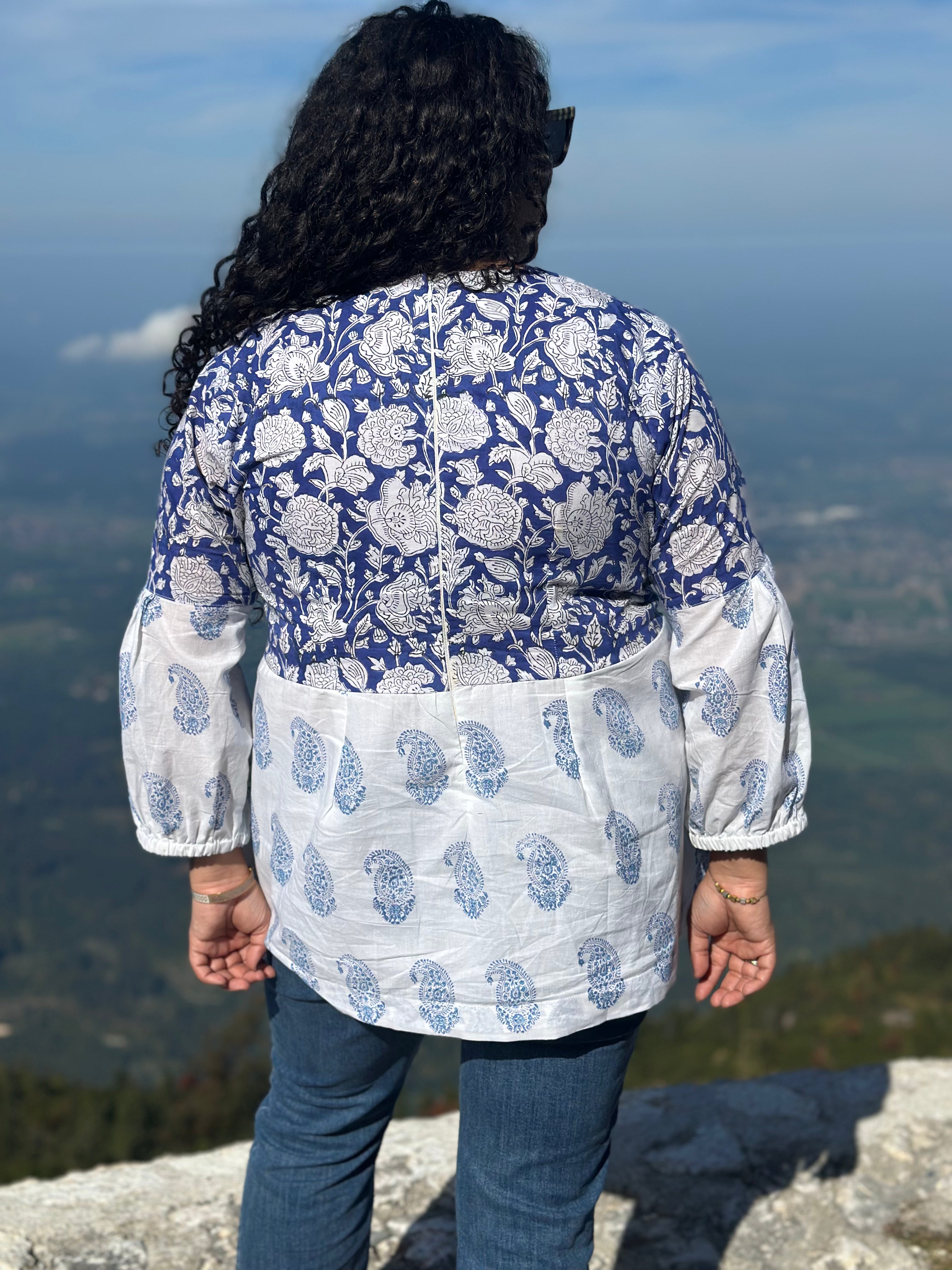 Neel Amora: Blue Sanganeri Handblock Print Kurti Top