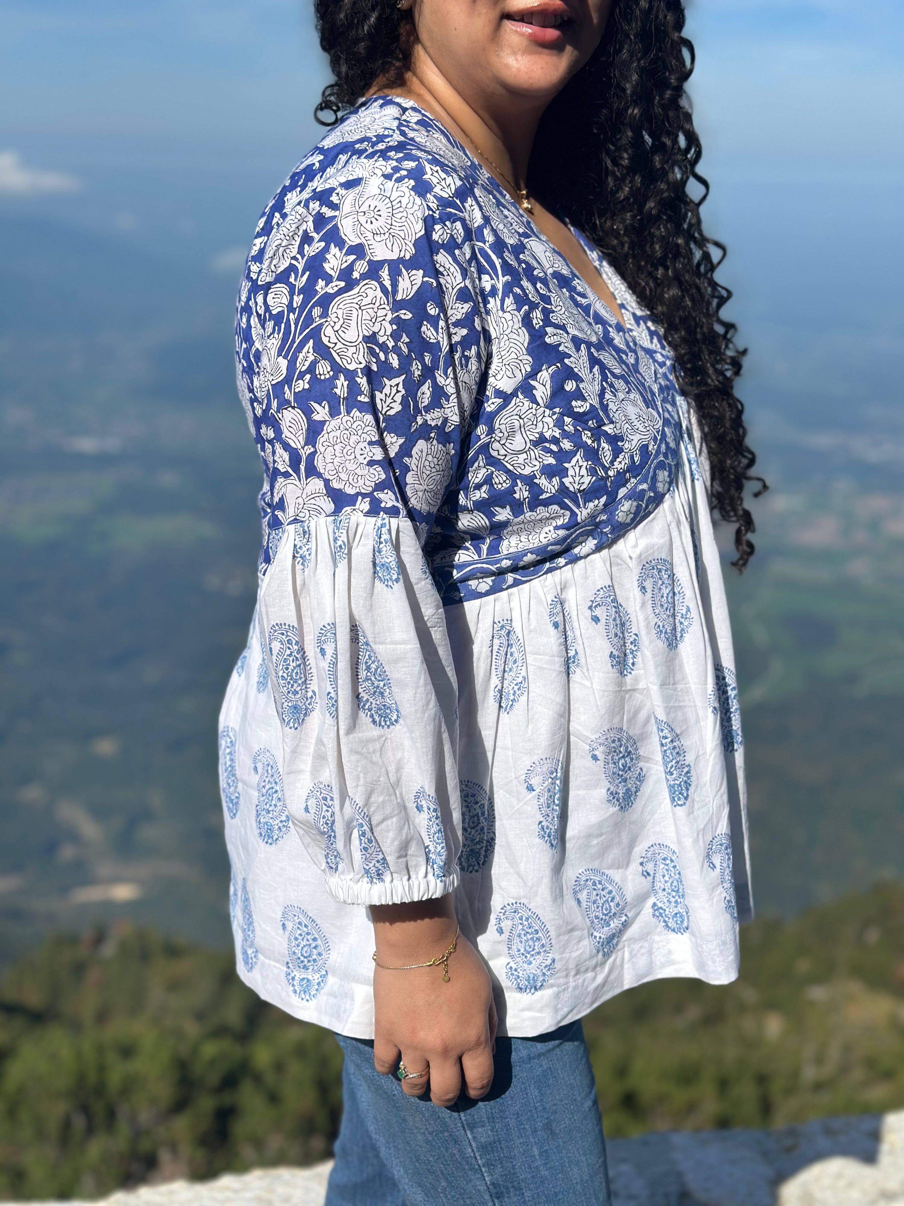 Neel Amora: Blue Sanganeri Handblock Print Kurti Top