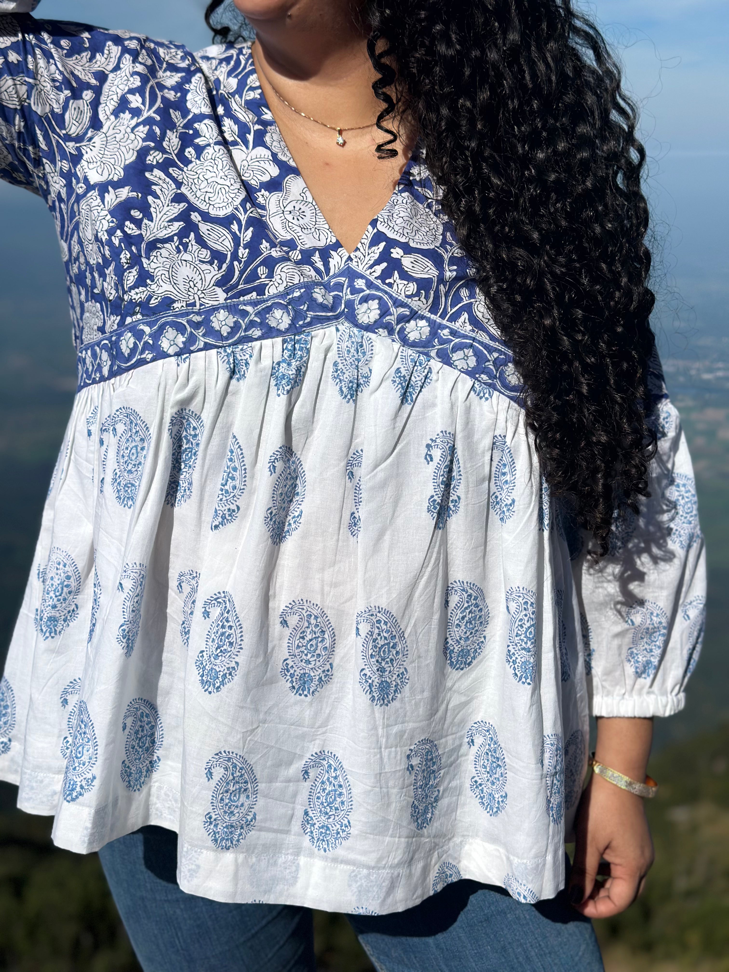 Neel Amora: Blue Sanganeri Handblock Print Kurti Top