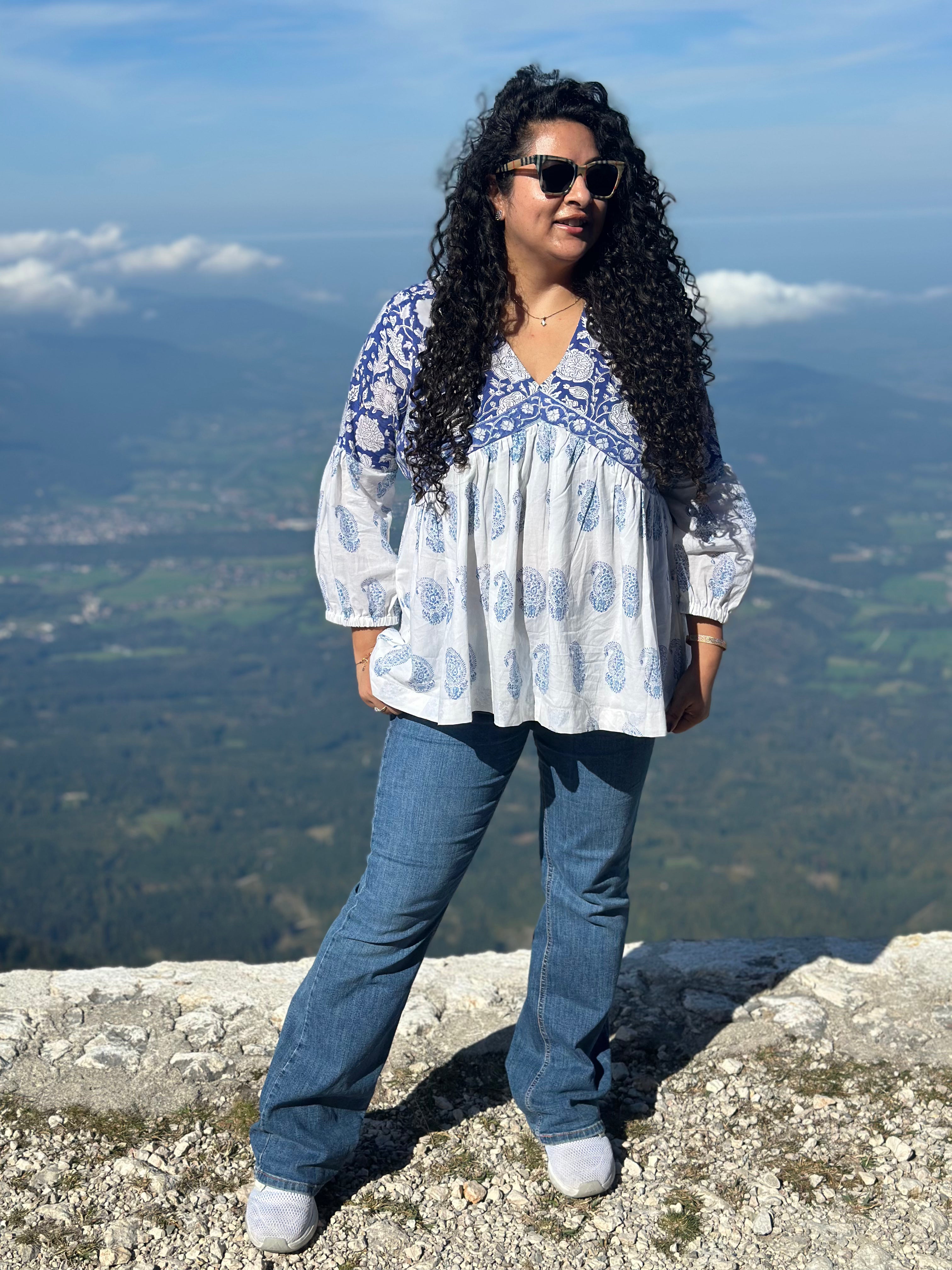 Neel Amora: Blue Sanganeri Handblock Print Kurti Top