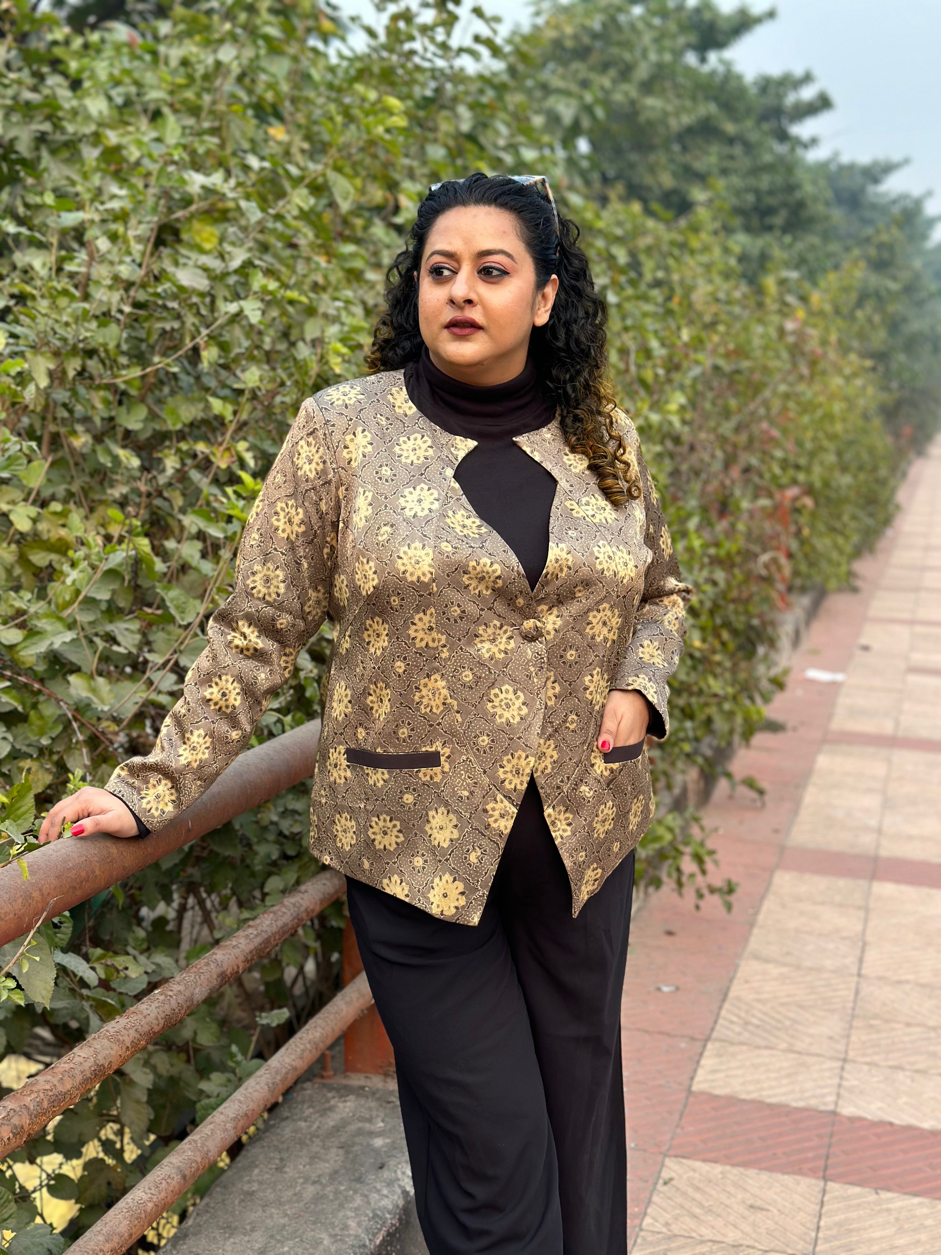 Beige Ajrakh Handblock Printed Mashru Silk Blazer