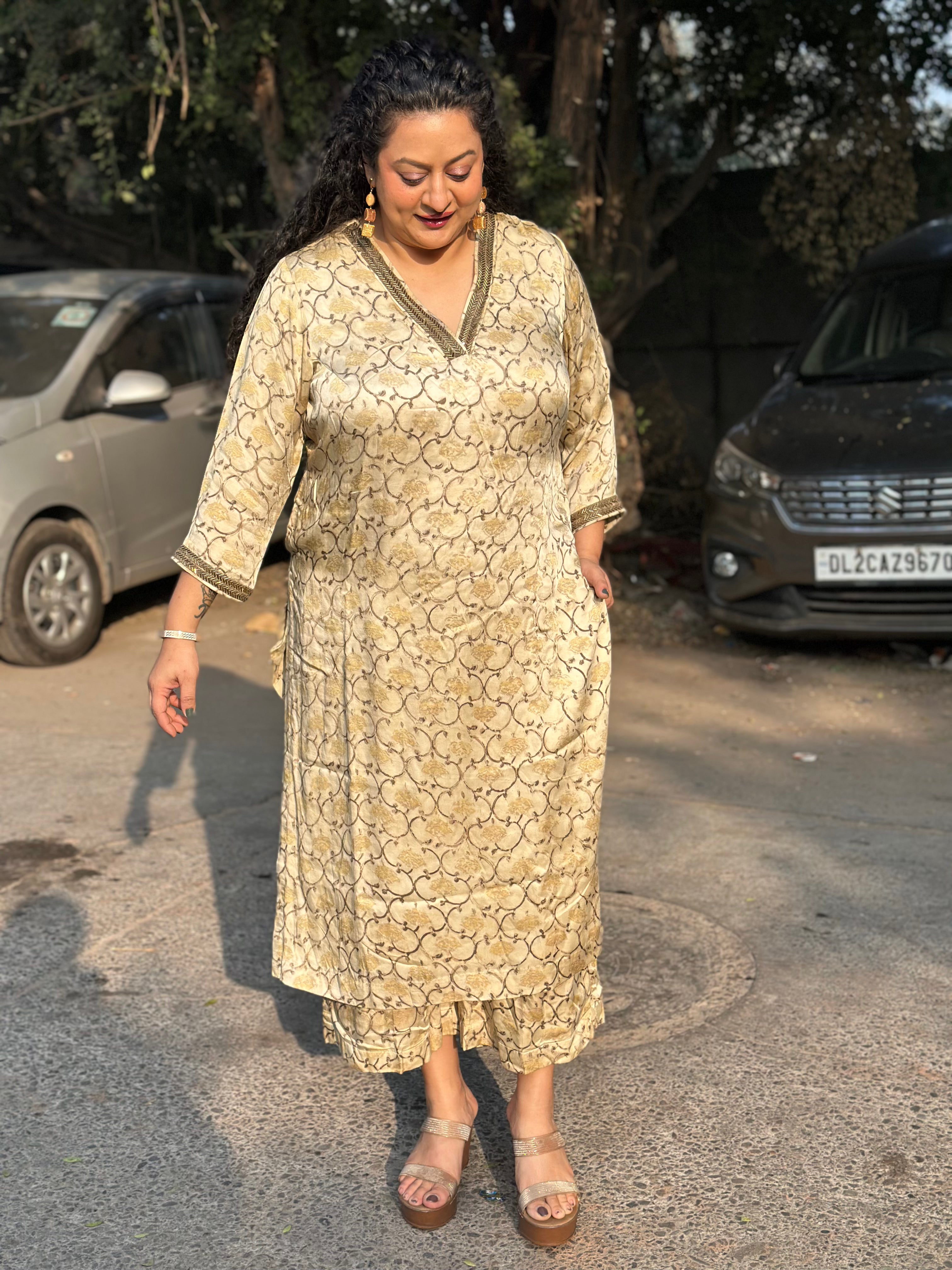 Beige Ajrakh Modal Silk Hand block Print Kurta Pant Set