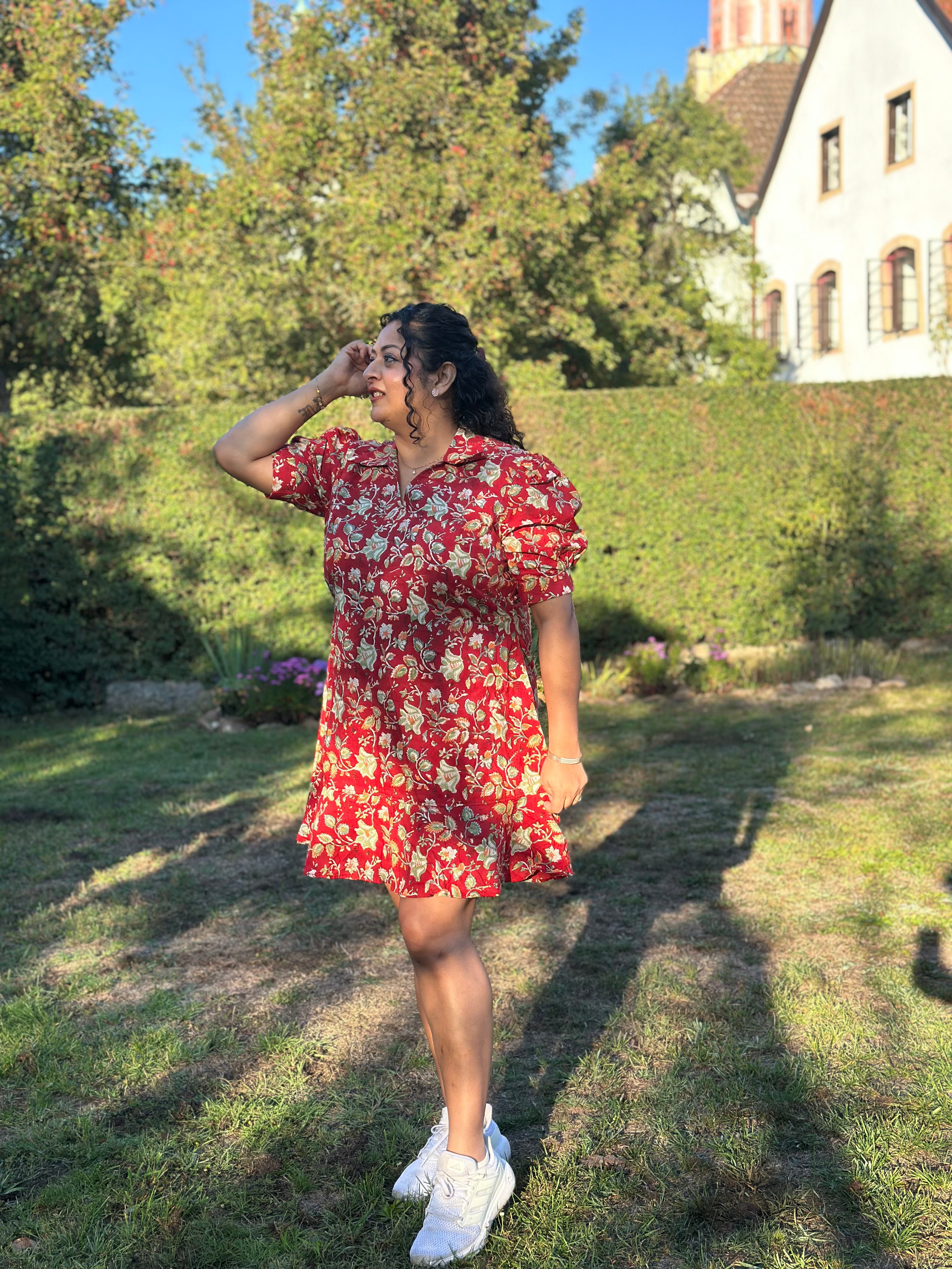 Ruby Reverie: Red Sanganeri Handblock Print Dress