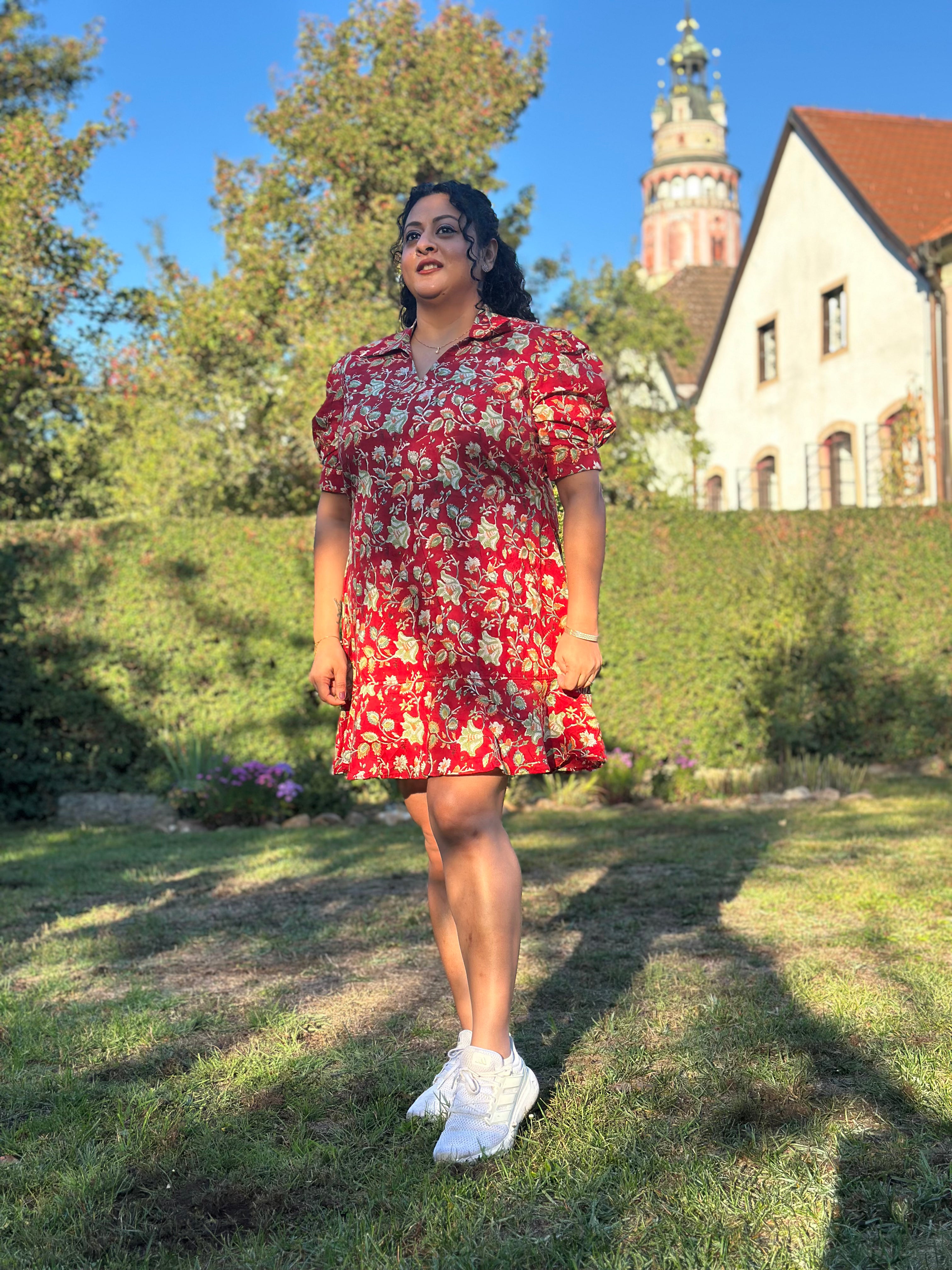 Ruby Reverie: Red Sanganeri Handblock Print Dress