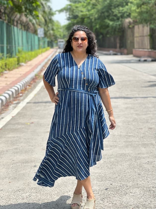 Indigo Dabu Stripe  Handblock Printed Assymetric Dress