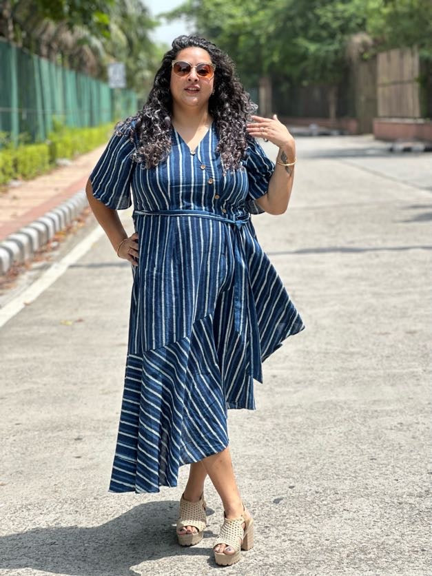 Indigo Dabu Stripe  Handblock Printed Assymetric Dress