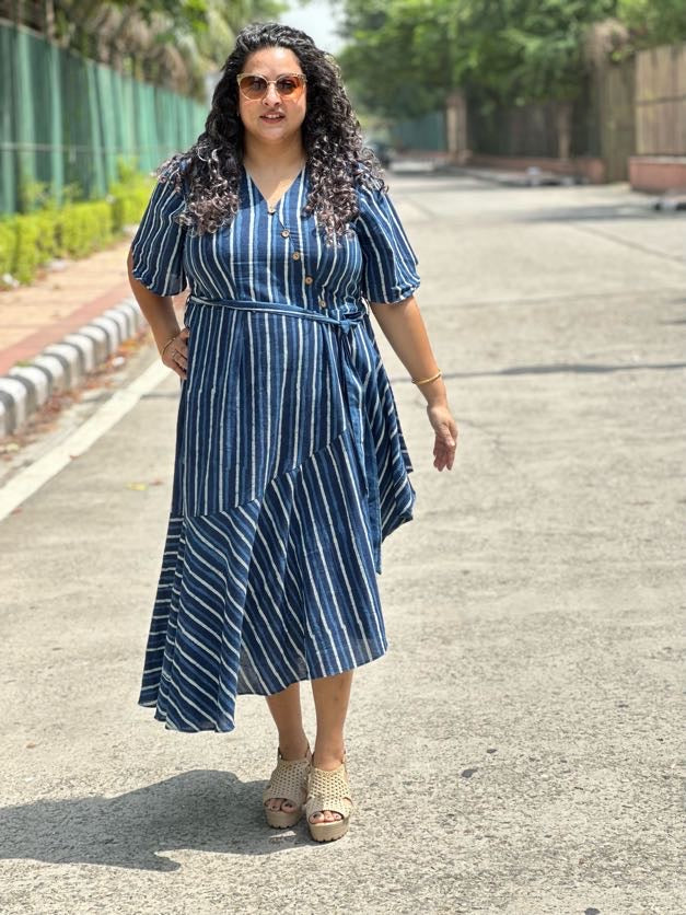 Indigo Dabu Stripe  Handblock Printed Assymetric Dress