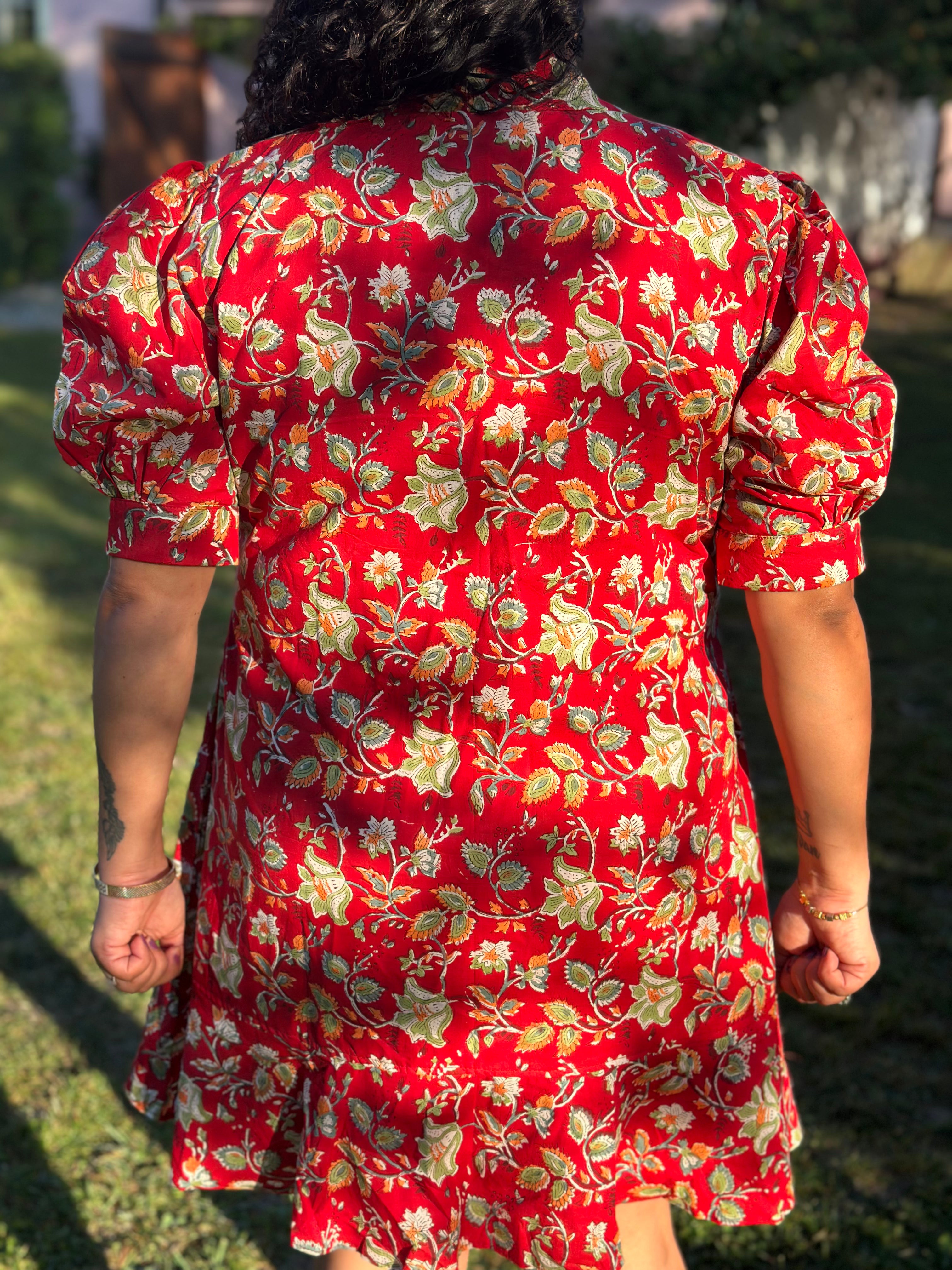 Ruby Reverie: Red Sanganeri Handblock Print Dress