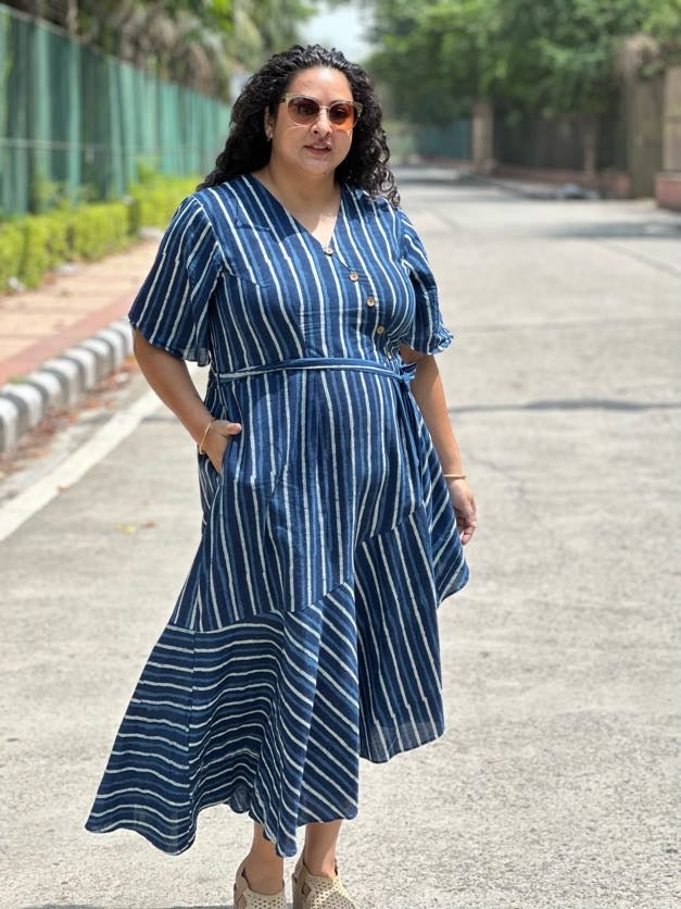 Indigo Dabu Stripe  Handblock Printed Assymetric Dress