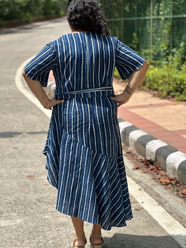 Indigo Dabu Stripe  Handblock Printed Assymetric Dress