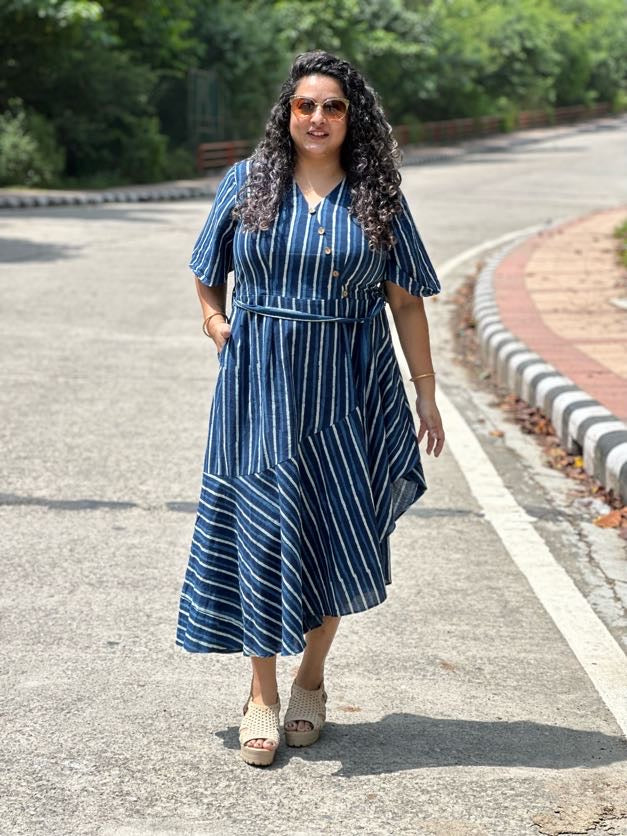Indigo Dabu Stripe  Handblock Printed Assymetric Dress