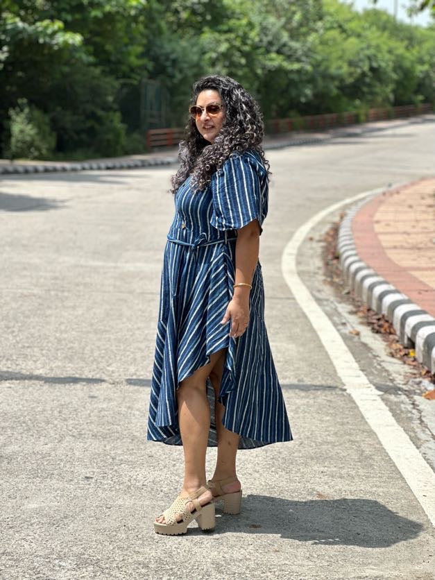 Indigo Dabu Stripe  Handblock Printed Assymetric Dress